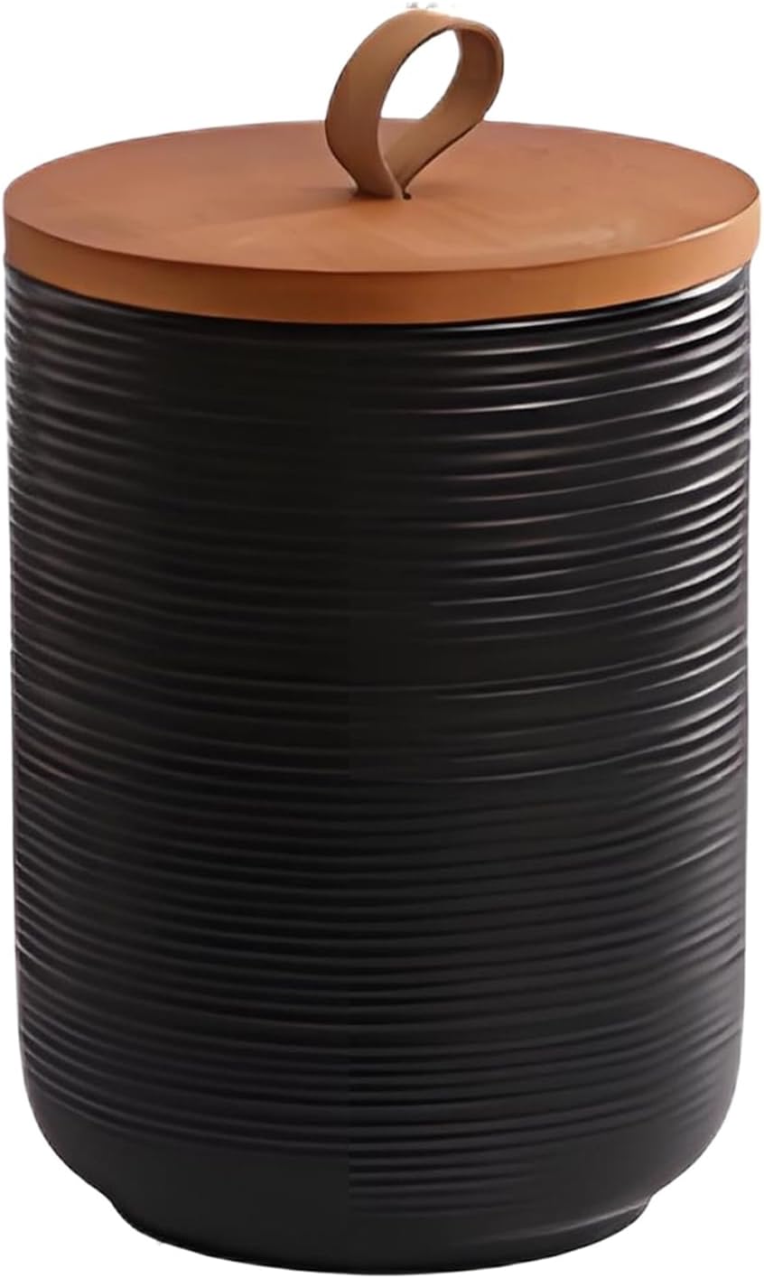Food Storage Jar Strong Ceramic Storage Canisters with Airtight Wooden Lid,Kitchen Storage Containers for Serving Coffee Beans, Tea, Sugar, Salt, Spices (Medium black)