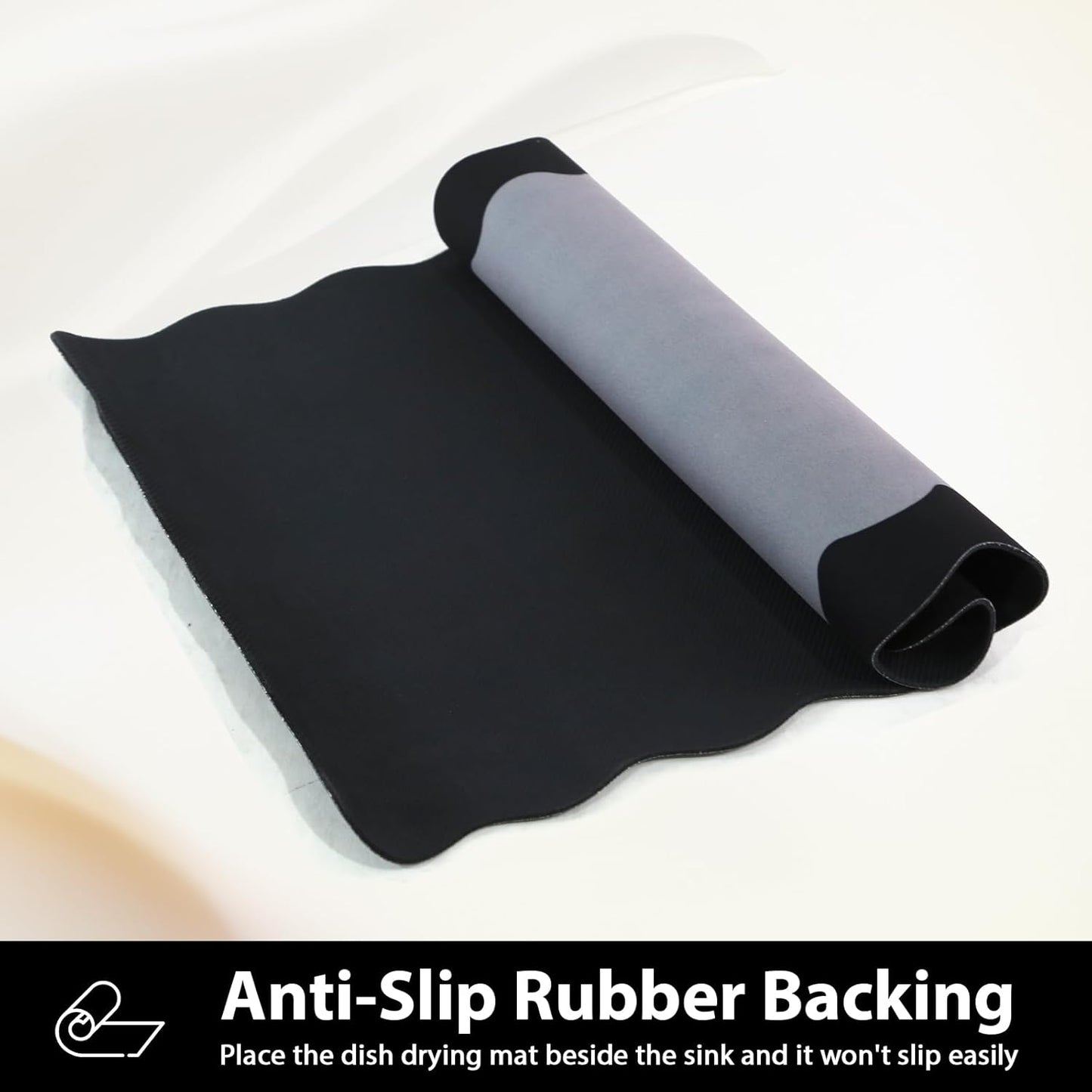 Scalloped Coffee Bar Mat for Countertop, Cute Dish Drying Mats for Kitchen Counter, Diatomite Absorbent Mat for Coffee Station, Kitchen Aesthetic Decor (12"x19", Black)