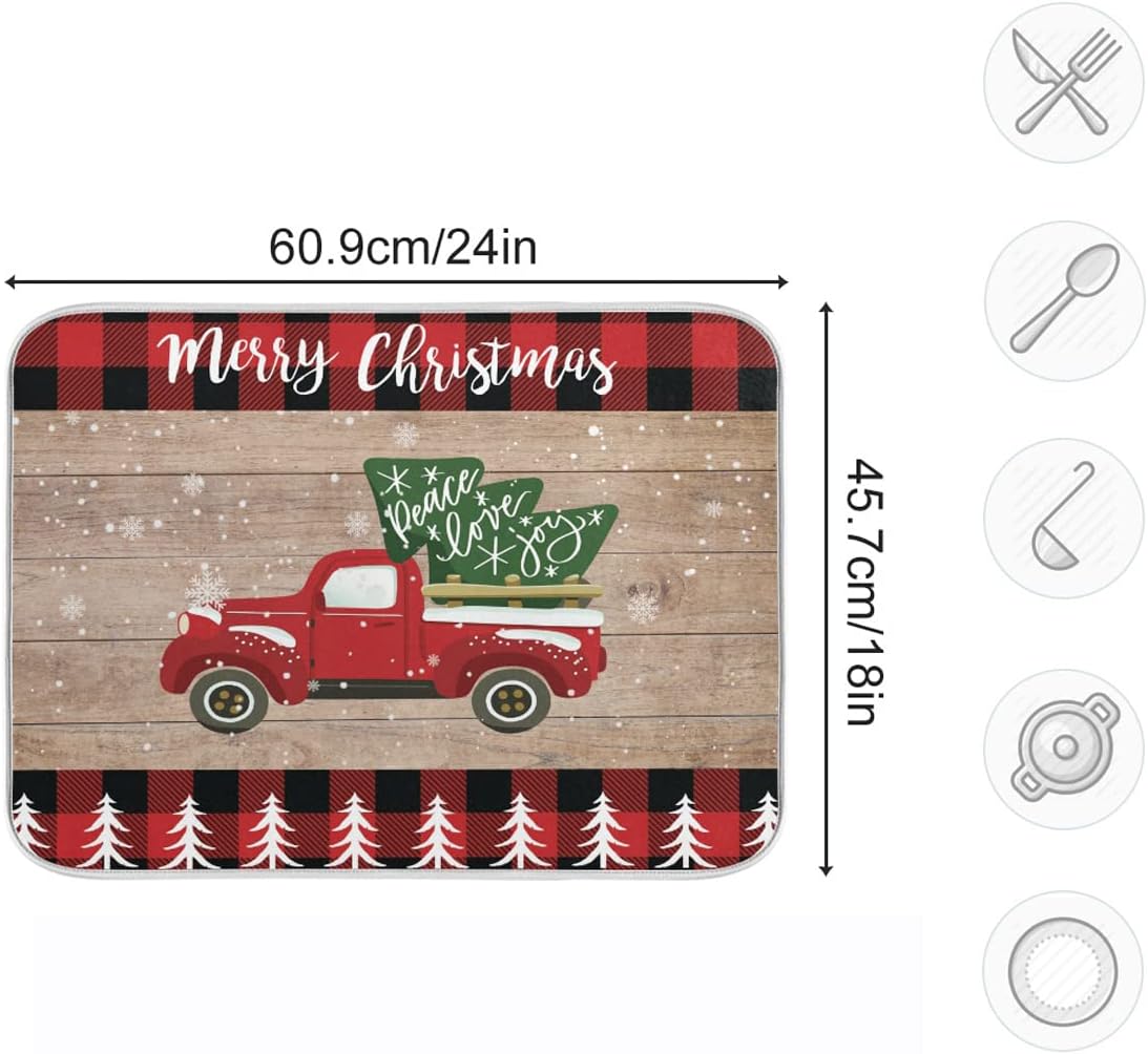 Christmas Dish Drying Mat 18 x 24 Inch with Hanging Loop High Absorbent Reversible Microfiber Red Truck Buffalo Check Plaid Dish Mat Dish Drying Pad Dish Rack Pad Drainer Mat Counter Mat