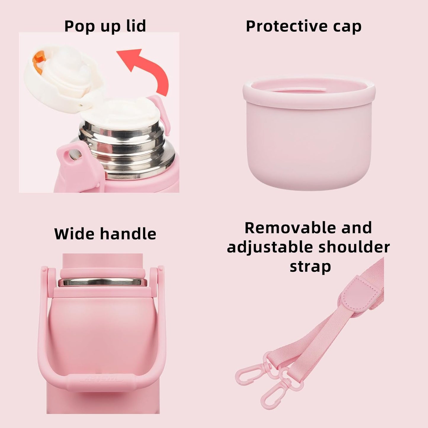 BJPKPK Insulated Water Bottle 40oz Stainless Steel Water Bottles Double Wall with Handle and Cup Lid Travel Metal Thermos,Light Pink