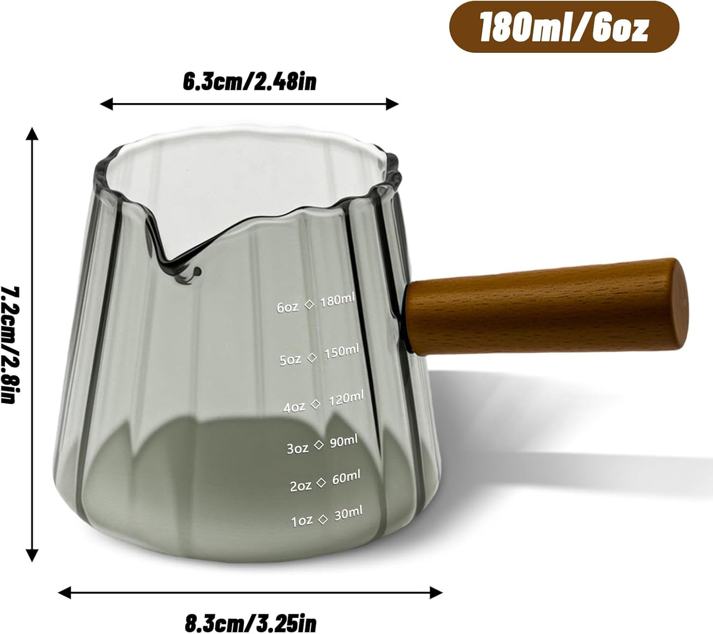 Espresso Measuring Cup 6 Oz, Espresso Glass Cups with Wood Handle, Milk Frothing Cup, Espresso Cup for Coffee, Milk, Tea or Maple Syrup Serving