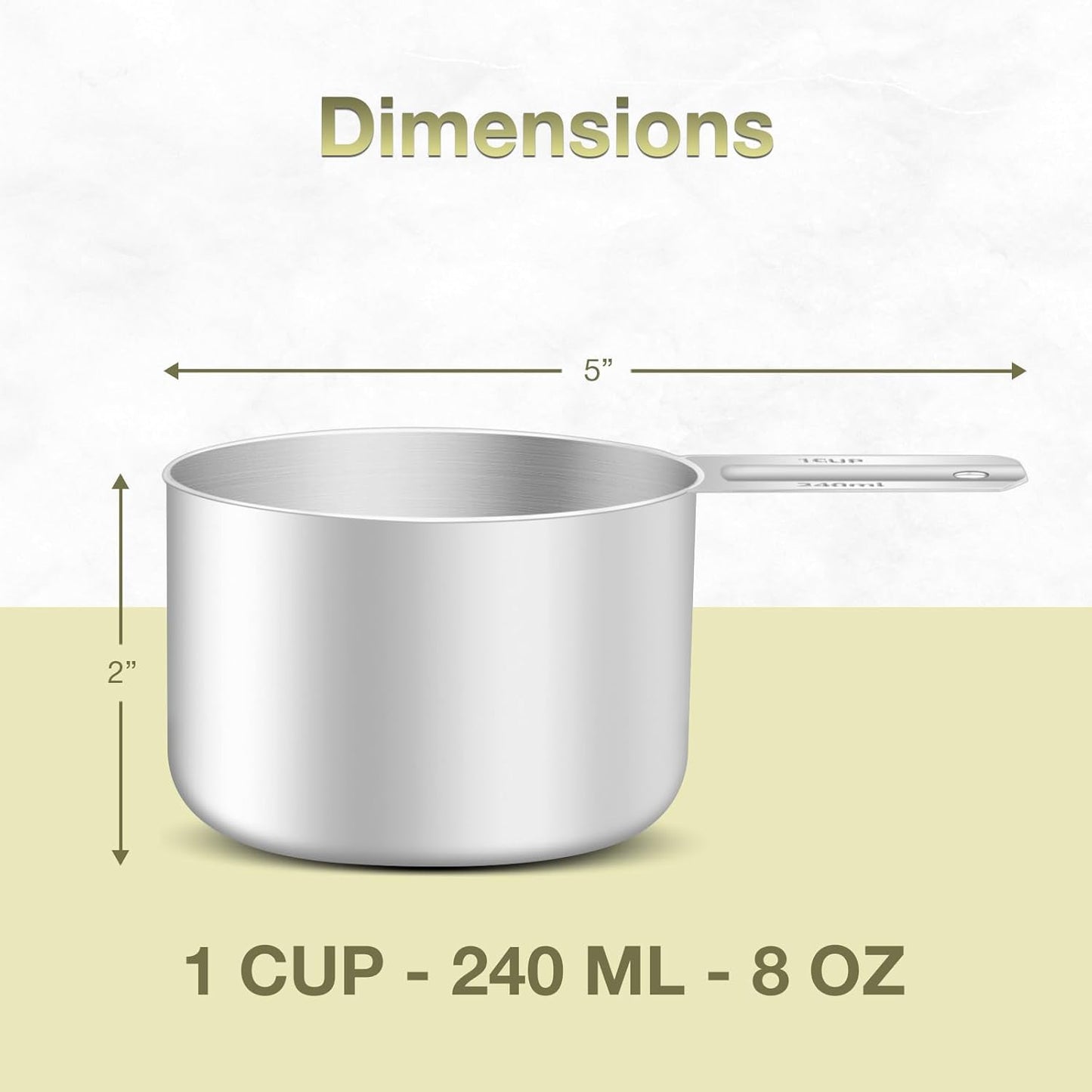 2PCS 1Cup (240ml, 8oz) Single Measuring Cup, Etched Inner Scale Stainless Steel Measure Scoop, Metric and US Measurement, Dishwasher Safe