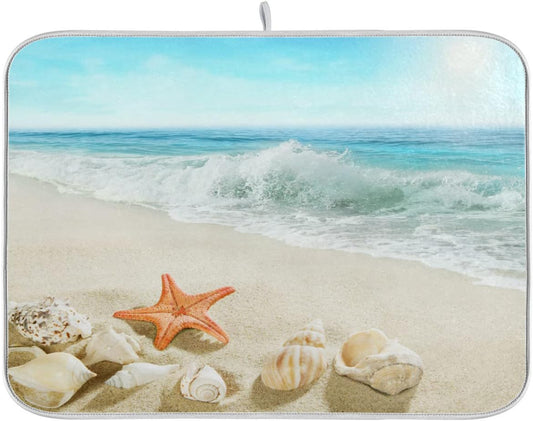 Sweetshow Summer Beach Dish Drying Mat 16 x 18 Inch Sea Wave Shells Starfish Drying Mat with High Absorbent Reversible Microfiber Kitchen Mat Dish Rack Pad Dish Drainer Mat Kitchen Counter Coffee Bar