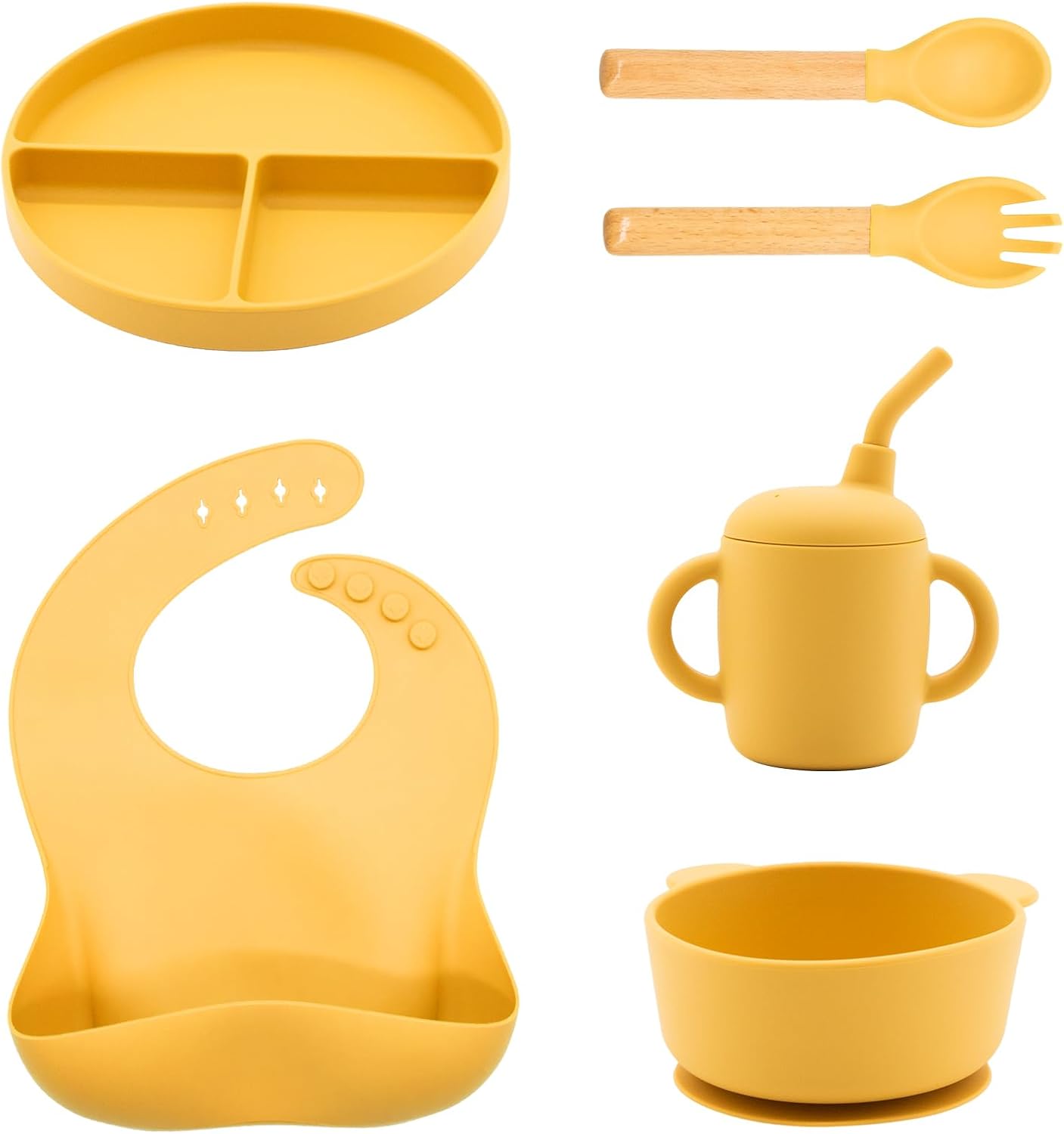 Silicone Baby Feeding Set, 6 Pcs, Baby Led Weaning Supplies, BPA Free, Yellow