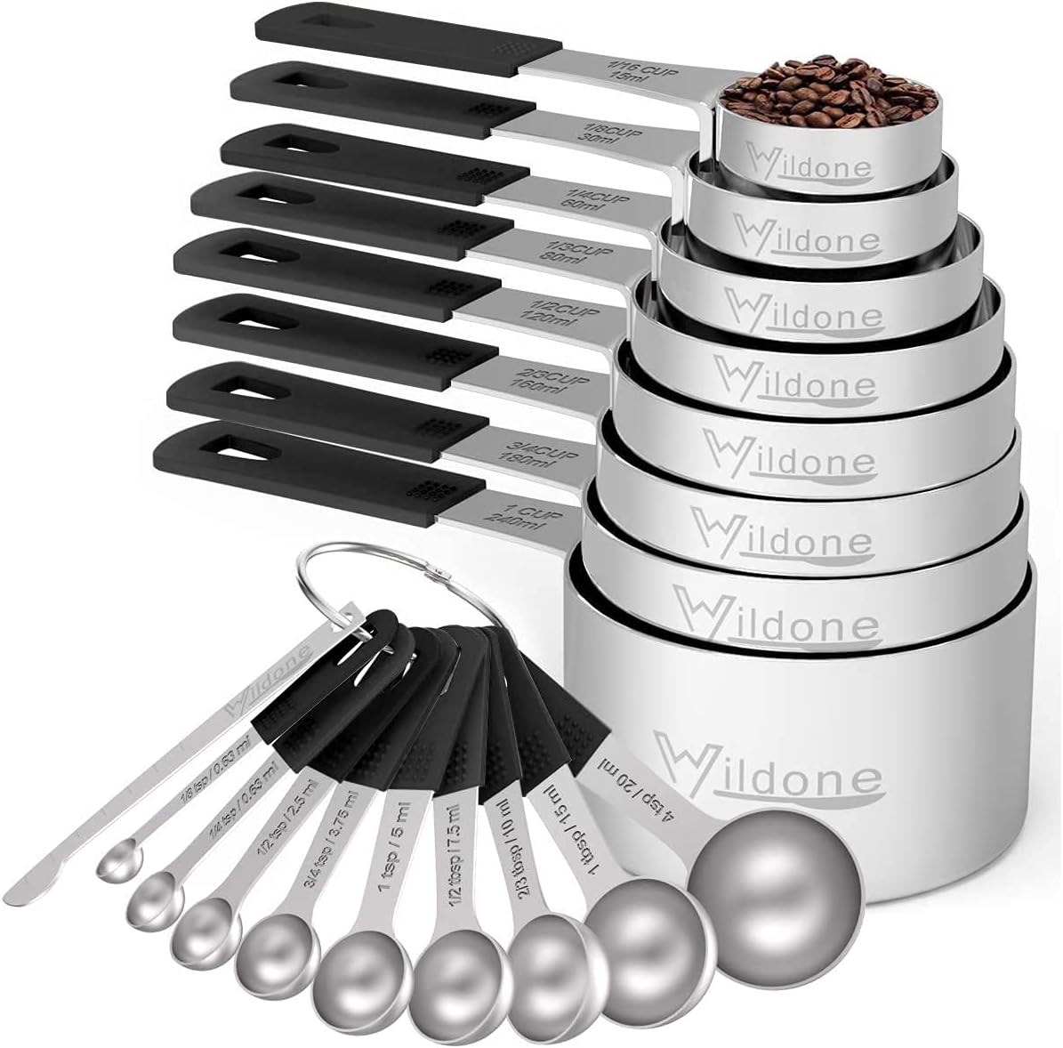Measuring Cups & Spoons Set of 18 - Wildone Stainless Steel Nesting Measuring Cups 8 Piece and 9 Measuring Spoons, 1 Leveler, Ideal for Dry and Liquid Ingredients (Black)