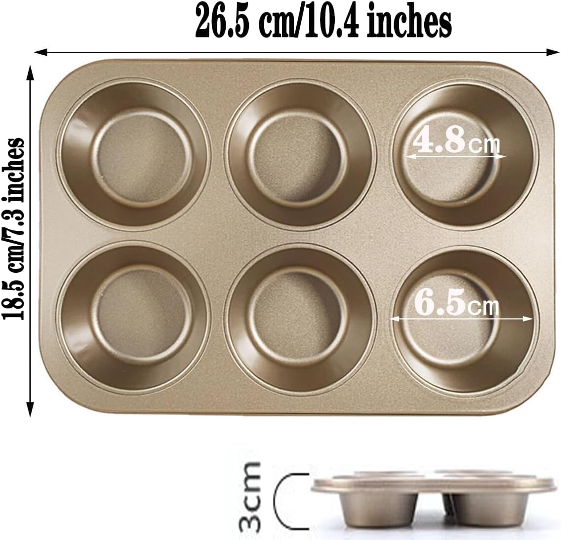 2 Packs Nonstick Round Muffin Baking Pan Tin, 6-Cup Muffin Tin, Cupcake Pans, Cheesecake Pans, Carbon Steel, Gold
