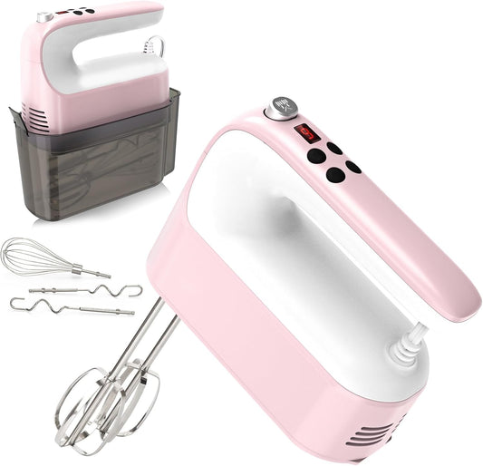 9-Speed Digital Hand Mixer Electric, 400W DC Motor, Hand Mixer electric Handheld with Snap-On Storage Case, Touch Button, Turbo Boost, 5x Stainless Steel Accessories (Pink)