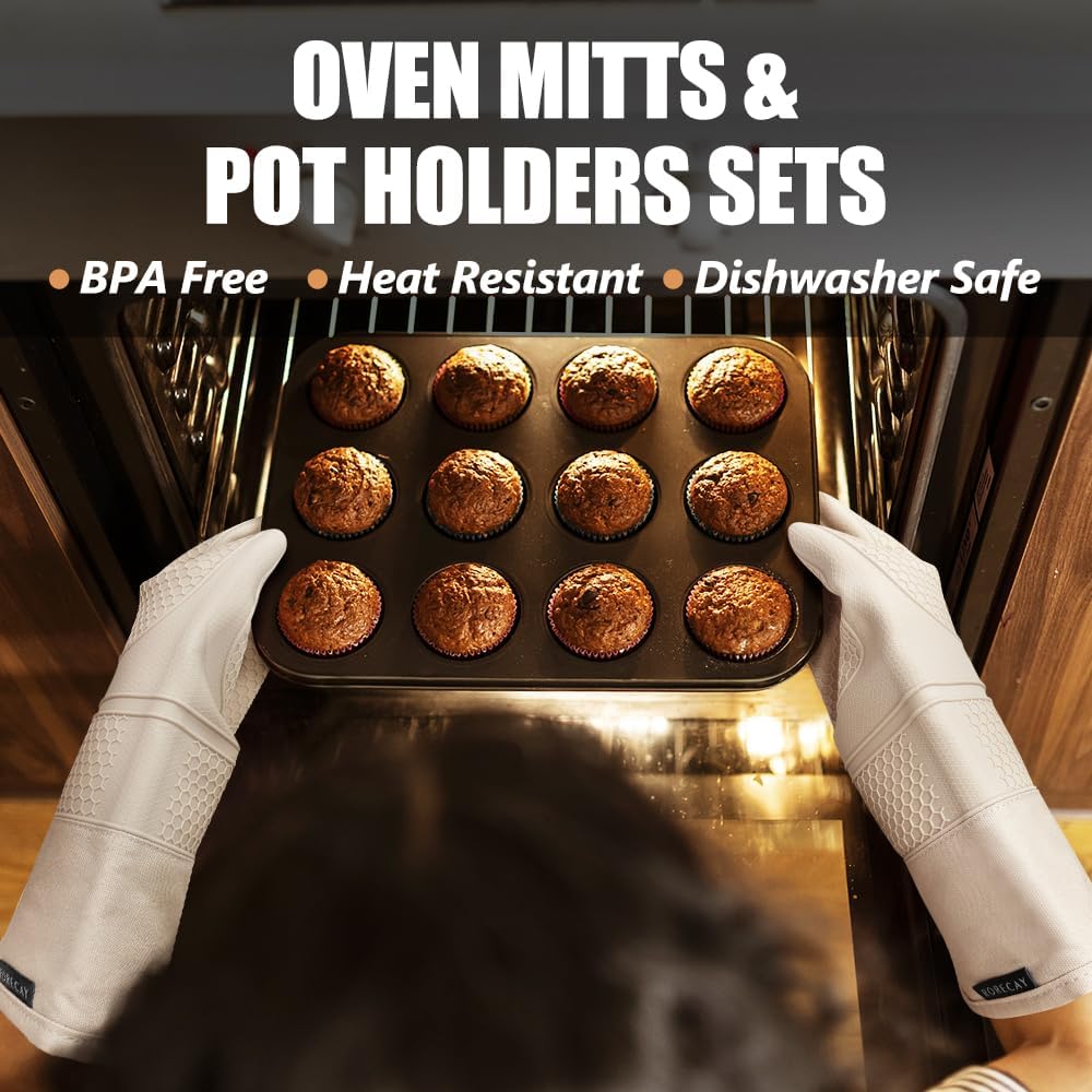 Rorecay Oven Mitts and Pot Holders Sets 6pcs, Extra Long Kitchen Silicone Oven Gloves High Heat Resistant 500 Degrees Non-Slip Potholders Hot Pads for Baking Cooking, Milkshake