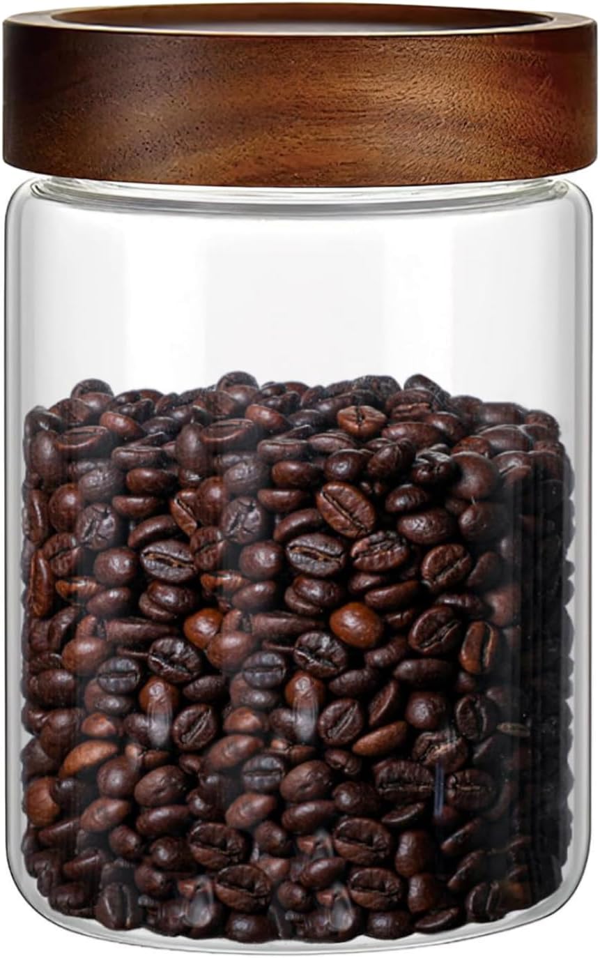 28 Fl oz/850 ml Glass Food Storage Jar, Premium Clear Glass Container Jar with Airtight Wooden Screw Lid, Kitchen Canisters for Coffee,Tea,Pasta,Cookies, Nuts,Spice,Candy,Overnight Oatmeal（Medium）