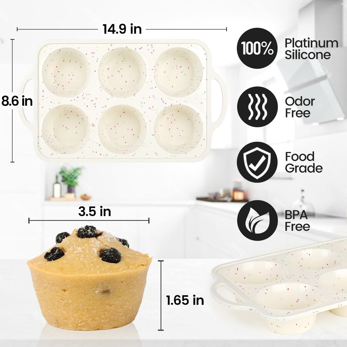 Large Muffin Pan, Metal Reinforced Frame 3.5 Inch Jumbo Silicone Muffin Pan Nonstick 6 Cups for Baking Jumbo Muffin, Frittatas, Jumbo Cupcakes 2 Pack Confetti