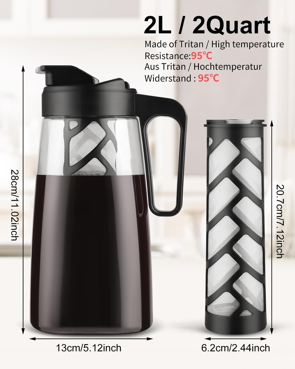 Sivaphe Large Ice Cold Coffee Maker 2 Quart, Dishwasher Safty Traitan Carafe Pitcher Leak Proof, Reusable Filter 64 oz Iced Hot Coffee Tea Method Brewer
