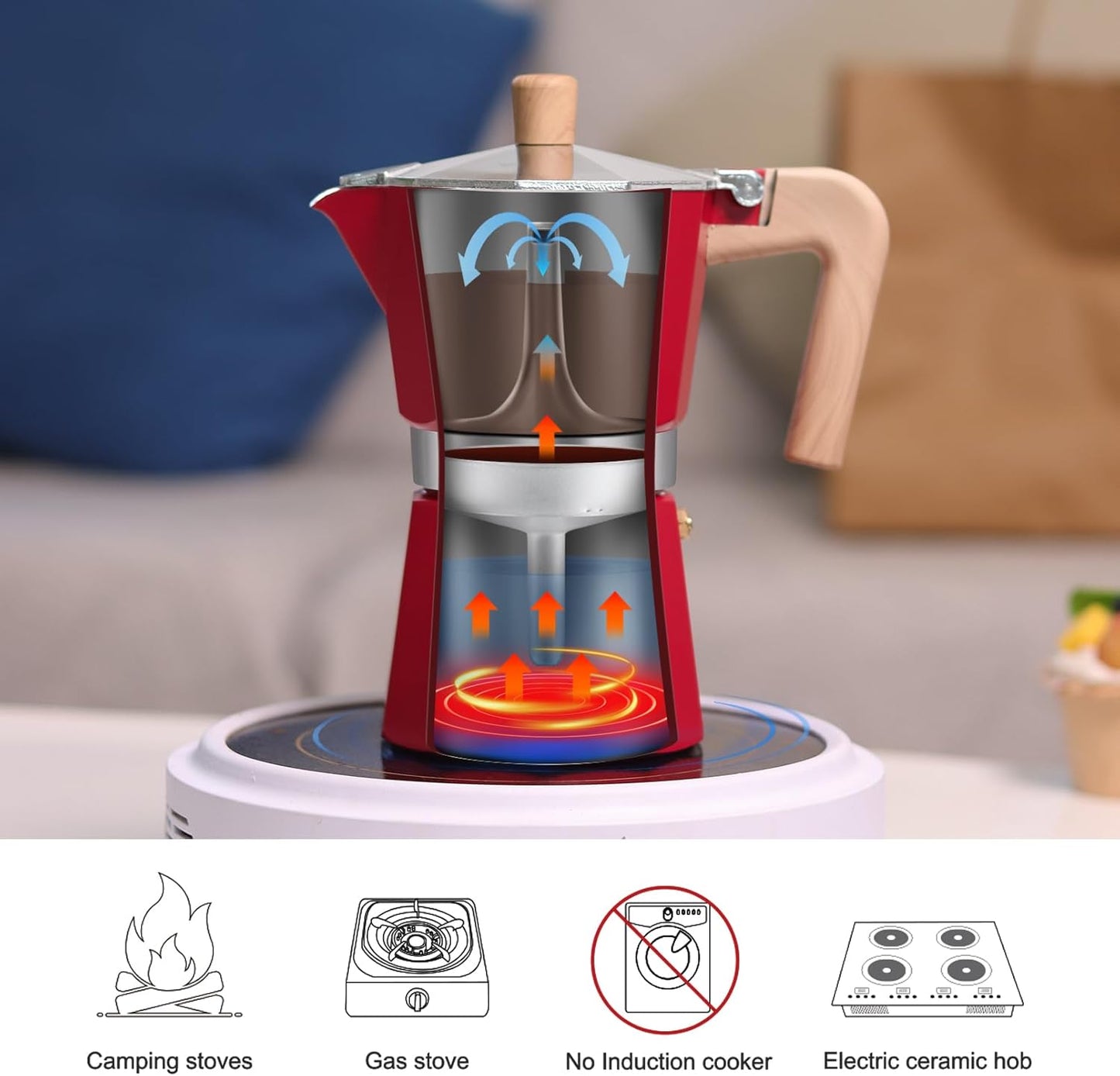 Sivaphe Aluminum Moka Pot 9 Espresso Cups, Percolator Espresso and Coffee Maker, Portable Stovetop Italian and Cuban Café Brewer for Home and Camping Red