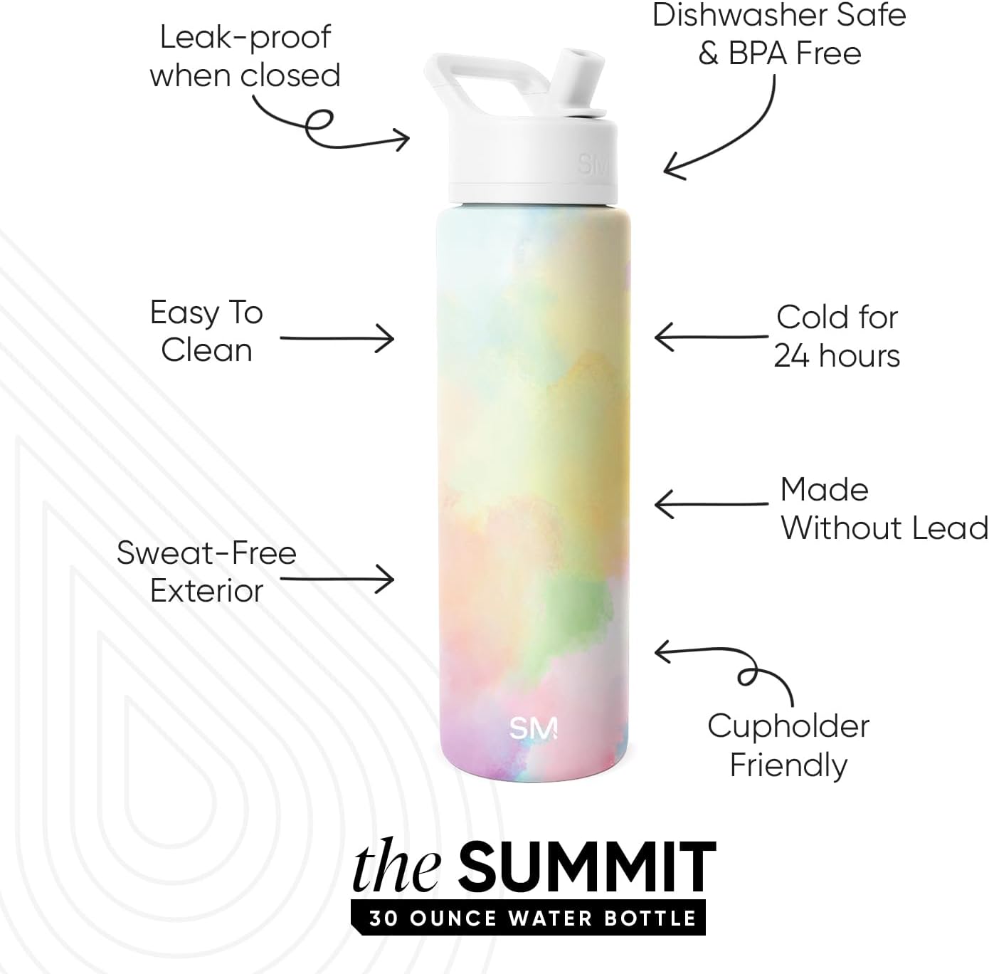 Simple Modern Water Bottle with Straw Lid | Vacuum Insulated Stainless Steel Metal Thermos | Reusable Leak Proof BPA-Free Flask for Sports Gym | Summit Collection | 30oz, Cotton Candy Tie Dye