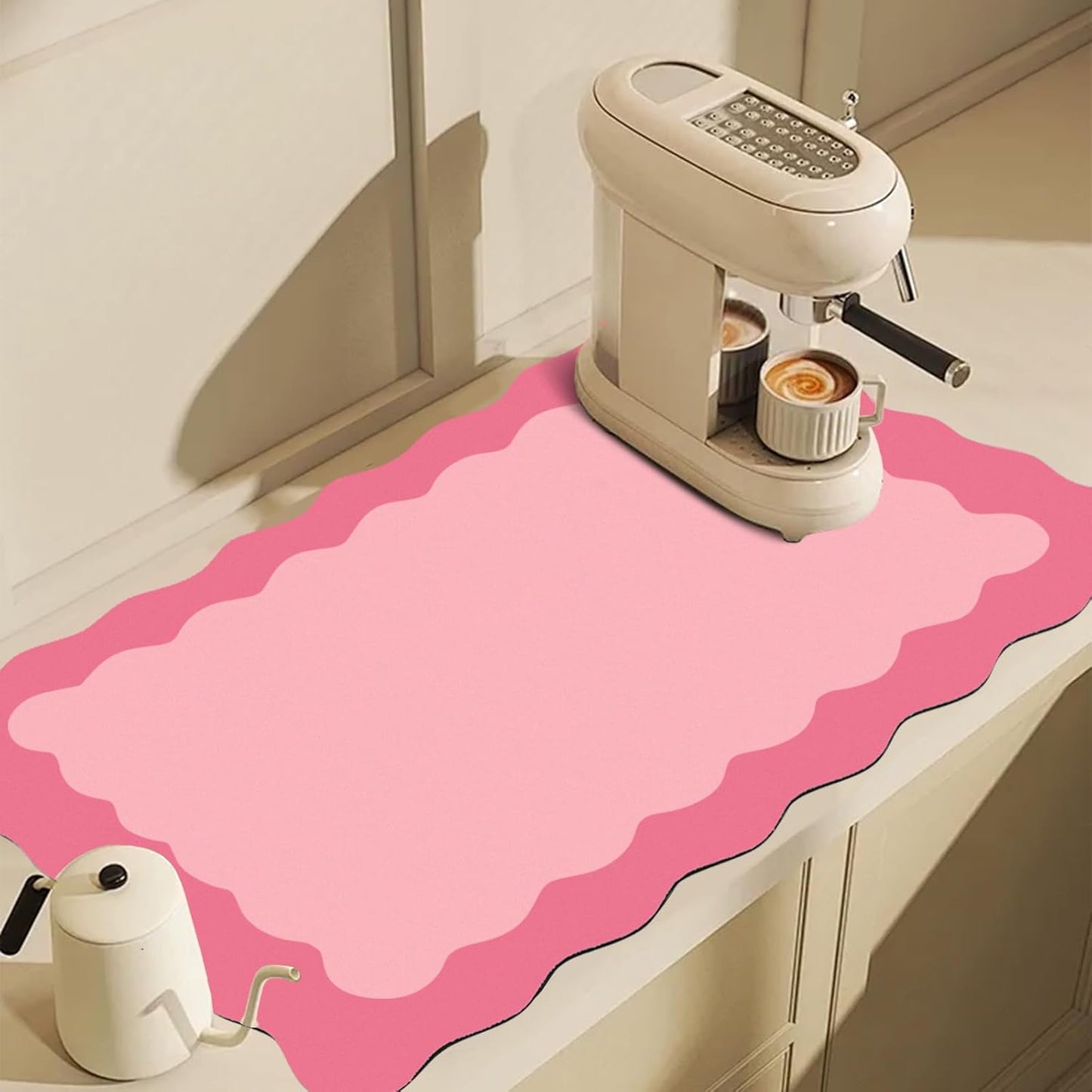 Scalloped Coffee Bar Mat for Countertop, Cute Dish Drying Mats for Kitchen Counter, Diatomite Absorbent Mat for Coffee Station, Kitchen Aesthetic Decor(12"x19", Rose Pink)