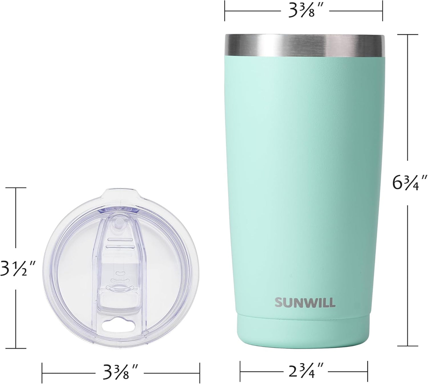 SUNWILL Travel Coffee Tumbler 20 oz, Insulated Mug with Lid, Stainless Steel Cup for Outdoor, Powder Coated Mint