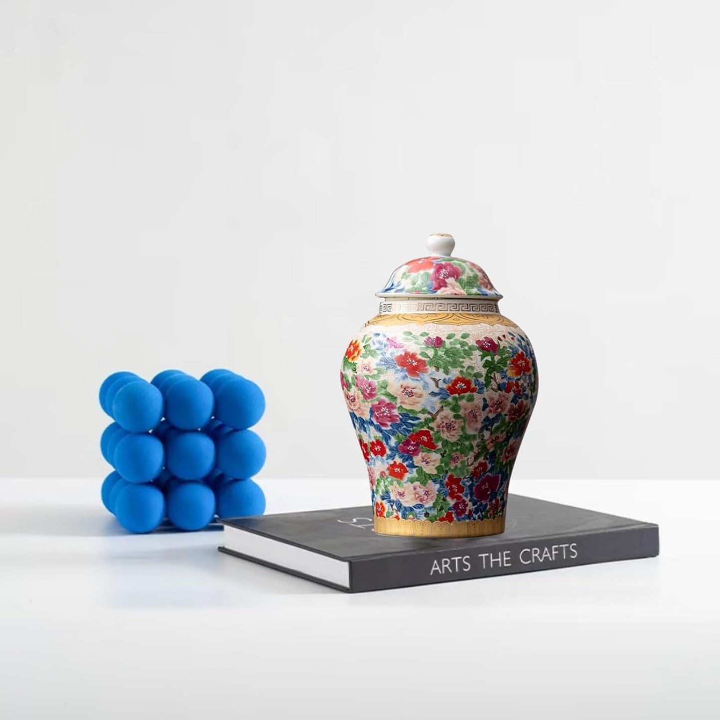 8 inches Ginger Jar with Lid- colored flowers pattern Ceramic Decorative small Ginger Jars， chinoiserie gift Enamel decor jar for Home/Kitchen/Dining/living room/shelf decor/Tea Storage