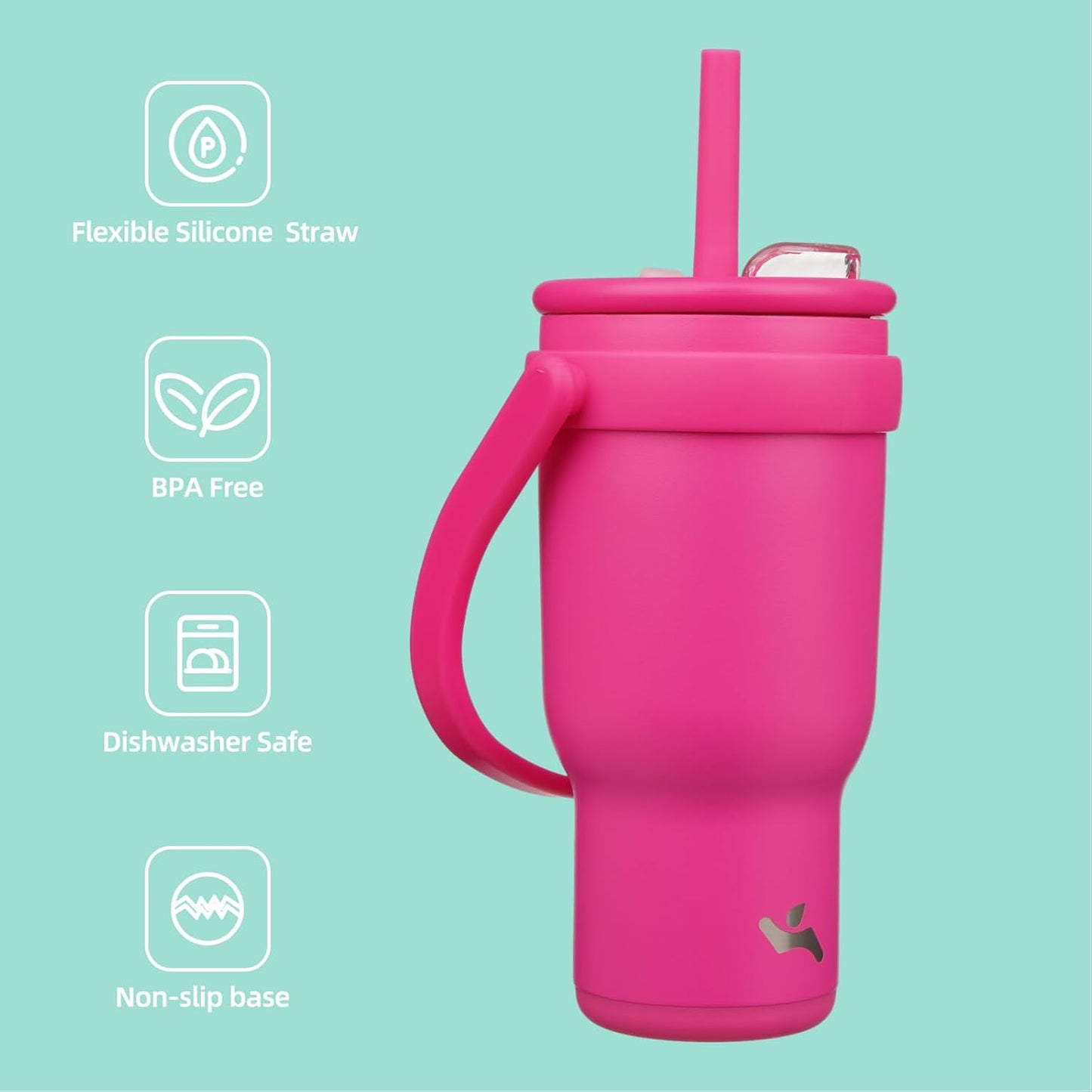 30 oz Tumbler with Side Handle, Insulated Water Bottle with Straw and 2 in 1 Lid, Stainless Steel Cup Travel Coffee Mug for Sports Office Gym,Fuchsia