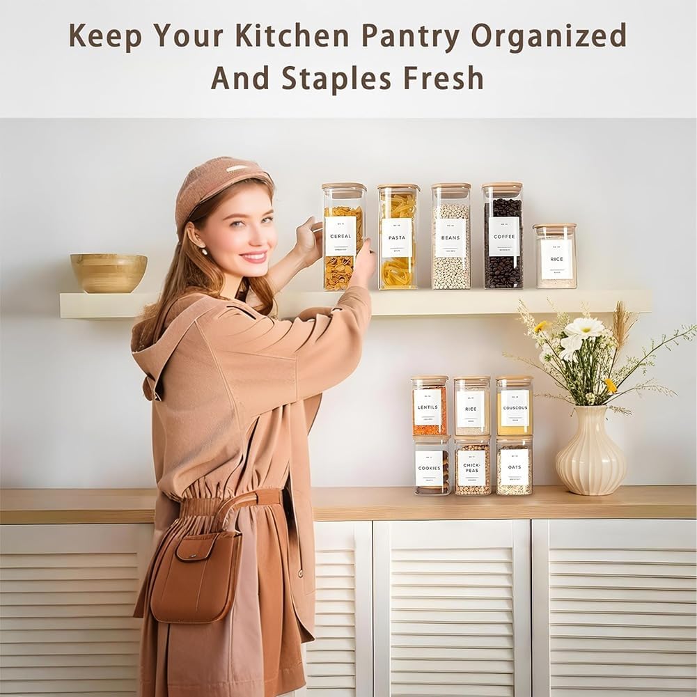 Square Storage Containers with Airtight Lids, Clear Food Storage Container Jar with Sealing Bamboo Lid for Noodles Flour Cereal Rice Sugar Tea Coffee Beans