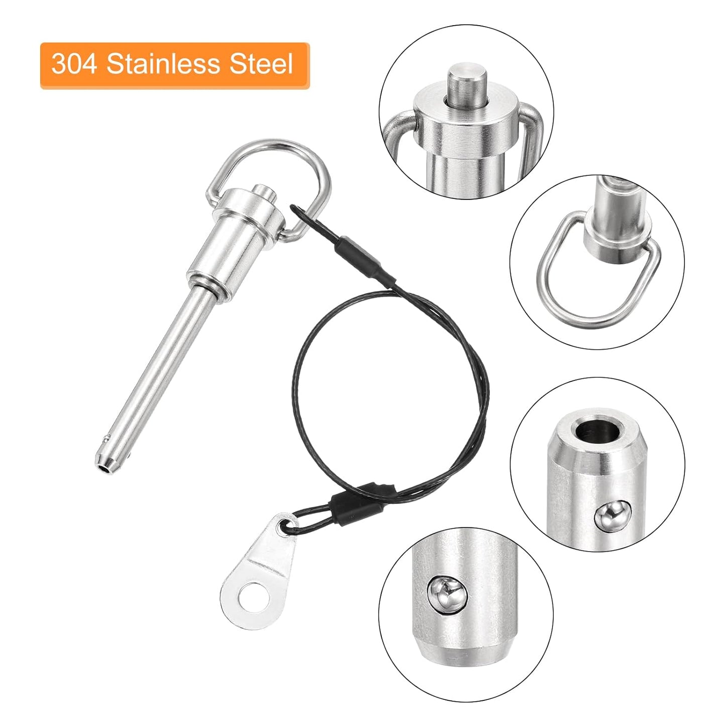 uxcell 1 Pcs Quick Release Pin, 1/4" x 1.57"(Dia. x L) Push-Button Ball Locking Pin 304 Stainless Steel Ring Handle Locking Pin with Wire for Audio Bimini Top Marine, Silver
