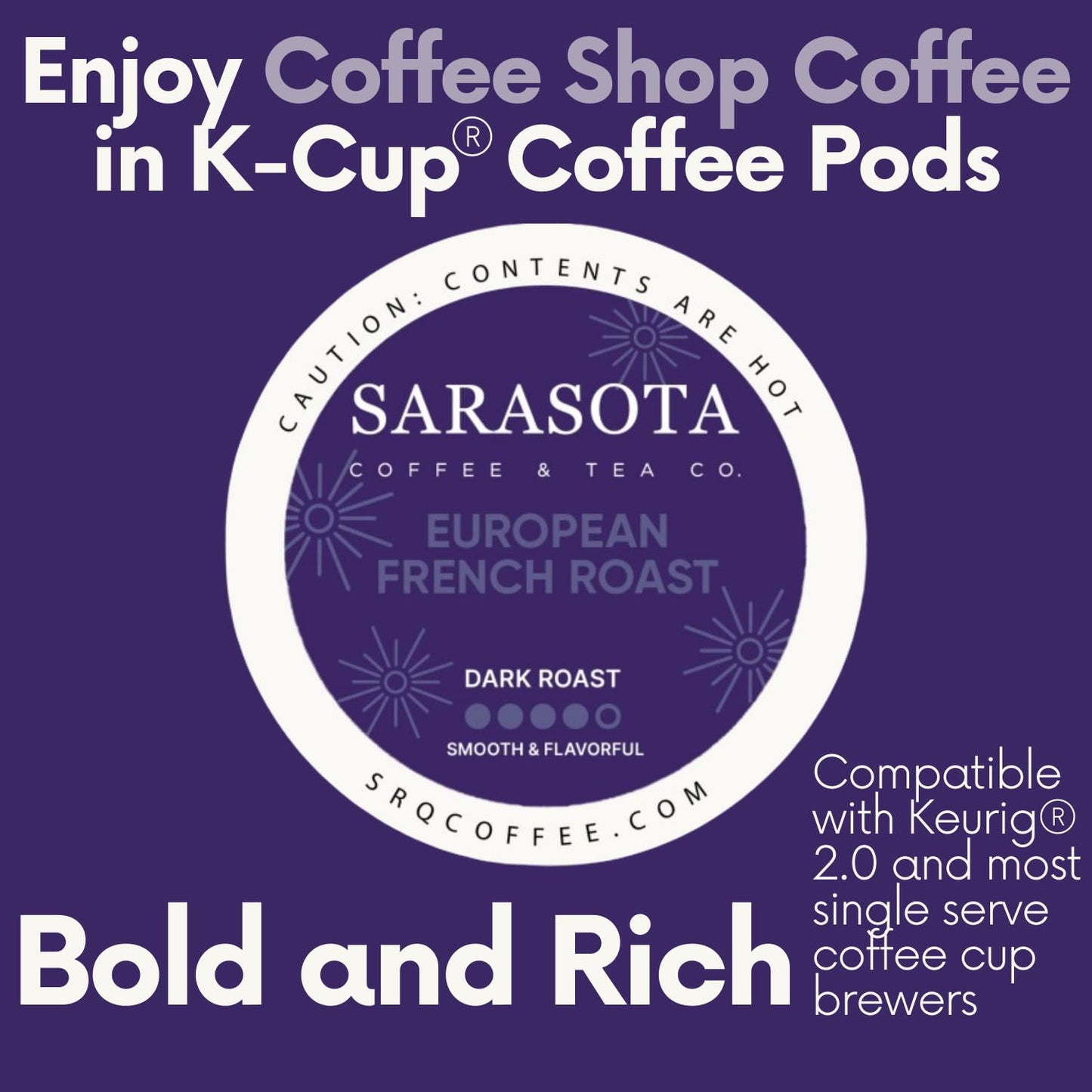 Sarasota K-Cup Coffee Pods | Dark Roast Coffee | European French Roast Cubano | Single Serve for Keurig Brewers | Gourmet, Low Acid, Mold Free | 24 Count