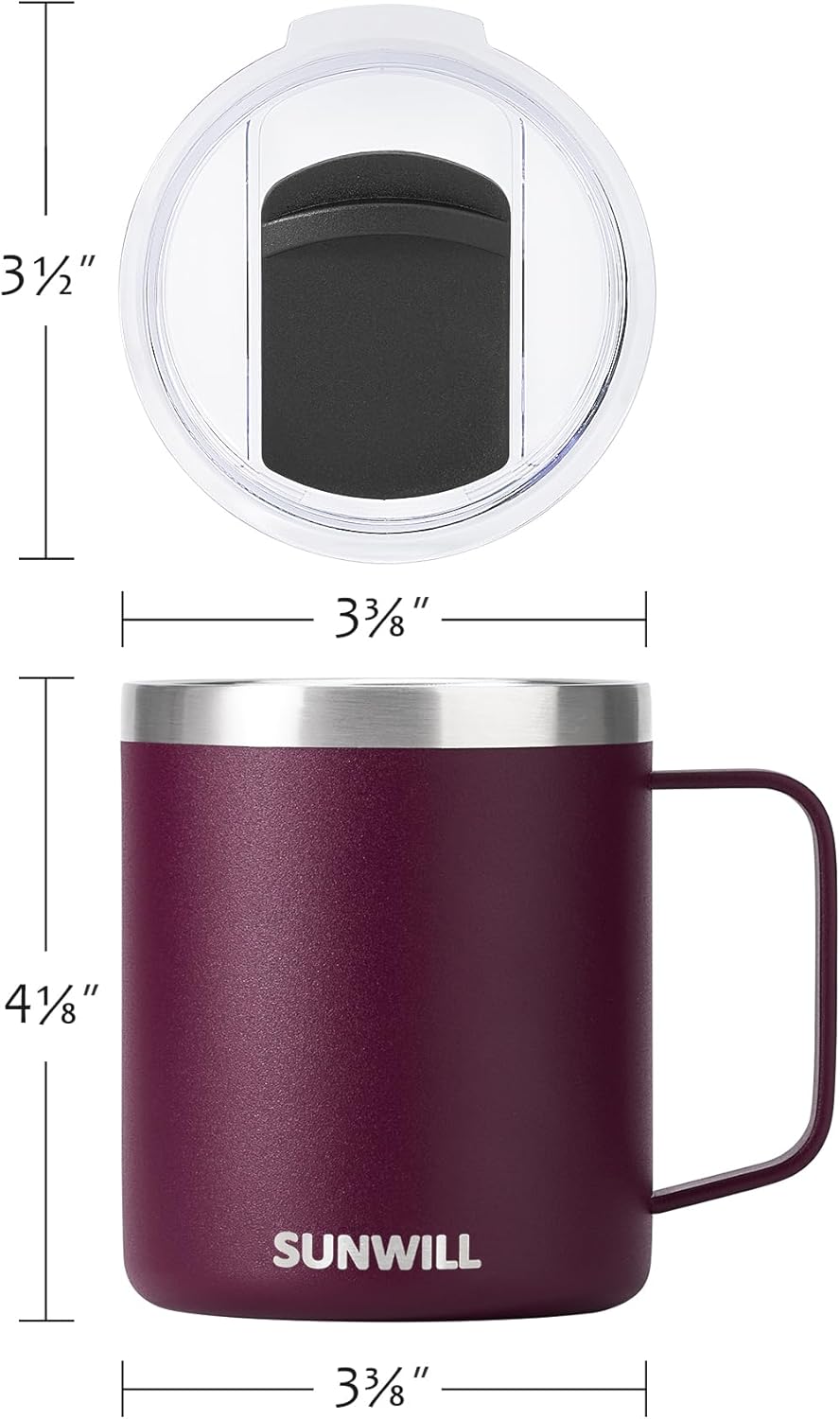 SUNWILL Travel Coffee Mug with Lid, Insulated Tumbler with Handle, 14 oz Stainless Steel Cup for Camping, Office, Home, Powder Coated Plum