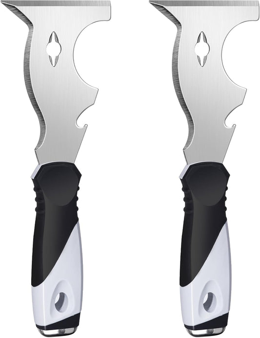 Mister Rui 2 Pack 10 in 1 Putty Knife - Multi Use Painters Tool, Taping Knife, Paint & Metal Scraper with Hammer End, Razor Blade Spackle Tool