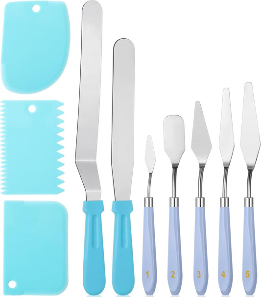 10 Pcs cake spatula set Decorating Kit Baking Supply Accessories Tools for Beginners and Pros Includes 2 Frosting Straight Angled Spatula 3 Icing Smoother Scrapers 5 Pieces Cream tools(Blue)