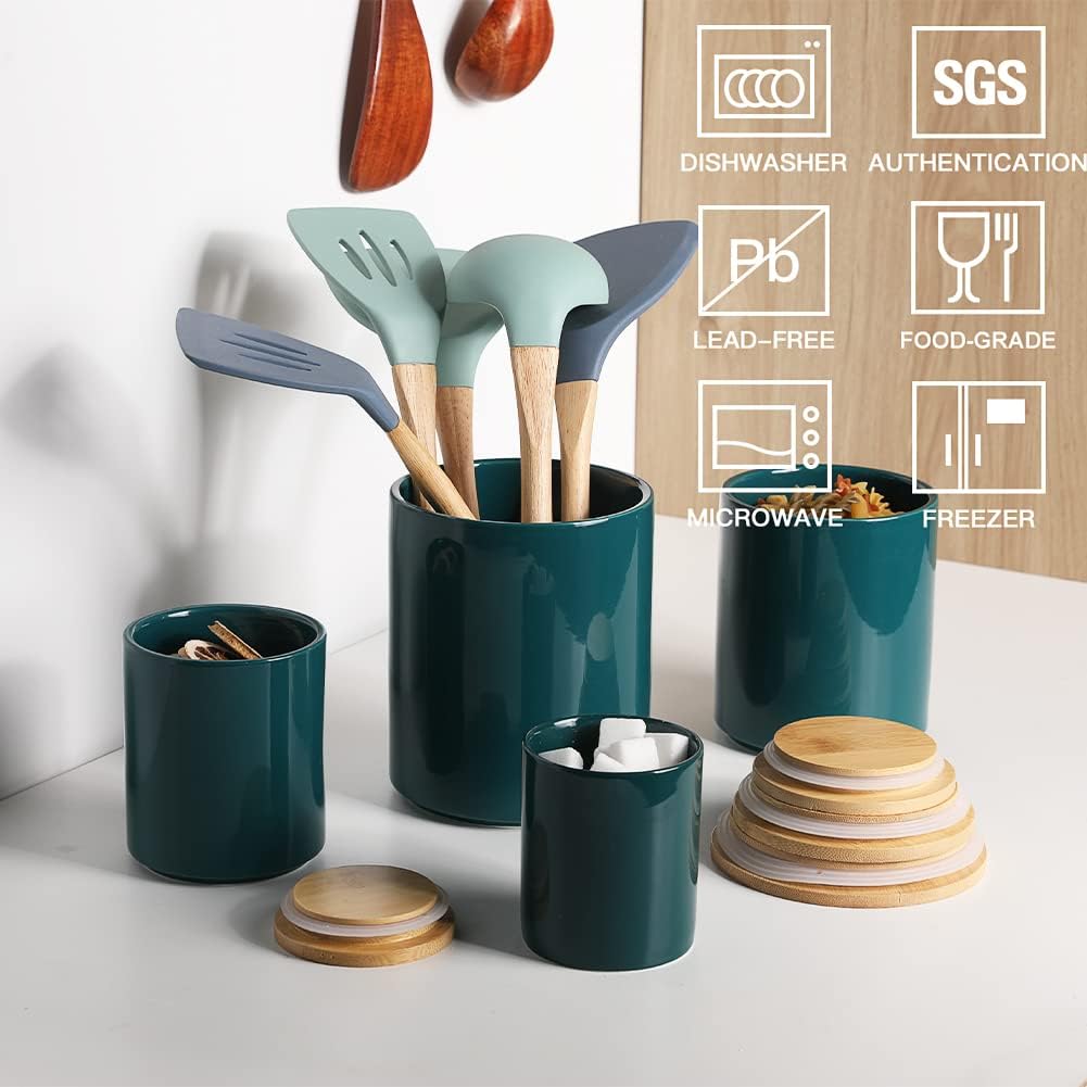 Sweejar Ceramic Canisters Set, Food Storage Jars with Airtight Seal Bamboo Lid, Stackable Containers for Kitchen Counter, Ground Coffee, Flour, Sugar, Cookie, Dog Treats, Candy, Pack of 4 (Jade)