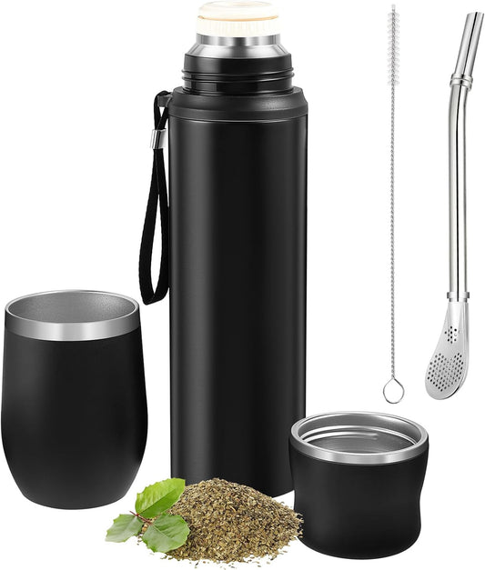 Dandat 2-Piece Yerba Mate Cup and Vacuum Bottle Kit - 12 oz Yerba Mate Gourd Cup with Bombilla Set and 34 oz Insulated Water Bottle - Black