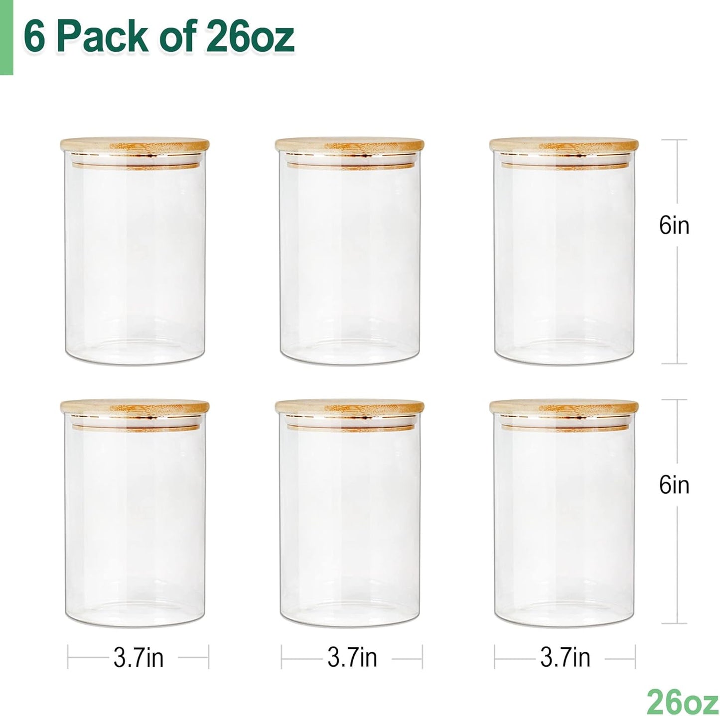 Urban Green Glass Jars with Airtight Lids, Airtight Glass Canisters with Locking Lids, (Bamboo-6P-26oz)