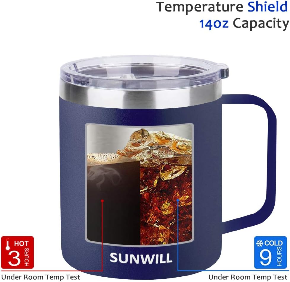 SUNWILL Travel Coffee Mugs Set of 4, Insulated Tumbler with Lid, 14oz Stainless Steel Cup with Handle Bulk for Gift, Camping, Office, Powder Coated Navy Blue
