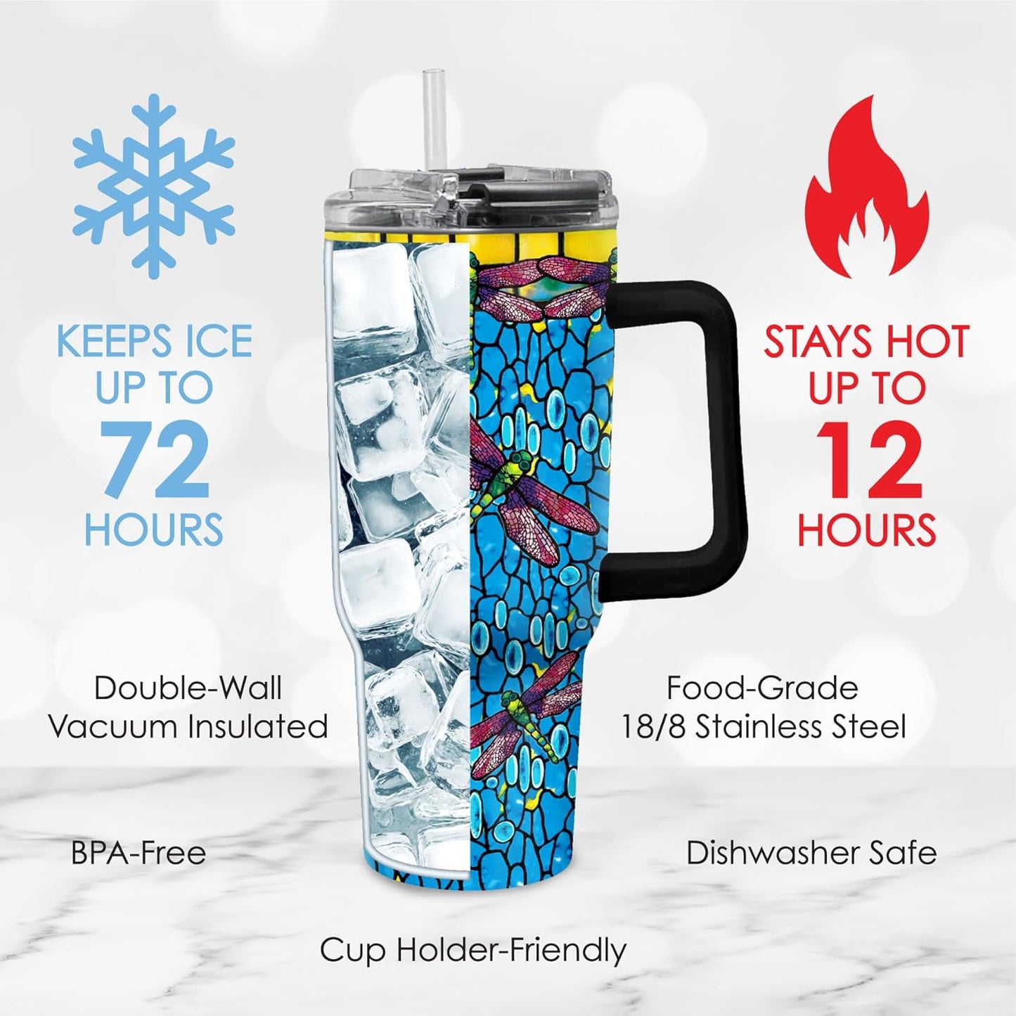 RainCaper 18/8 Stainless Steel Insulated Water Tumbler with Straw | 30oz, BPA-Free, Double Wall for Hot & Cold | Travel-Friendly, Cup Holder Ready (Tiffany Dragonfly - Purple)