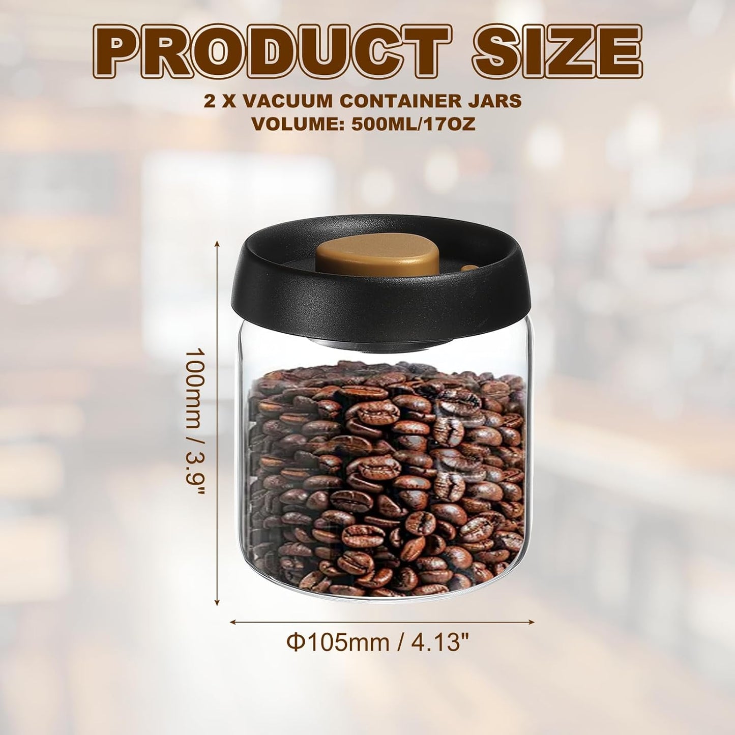 uxcell 2pcs Coffee Vacuum Container, 500ml/17oz Glass Coffee Bean Storage Container with Lids for Spices Biscuits Loose Leaf Tea, Black Gold