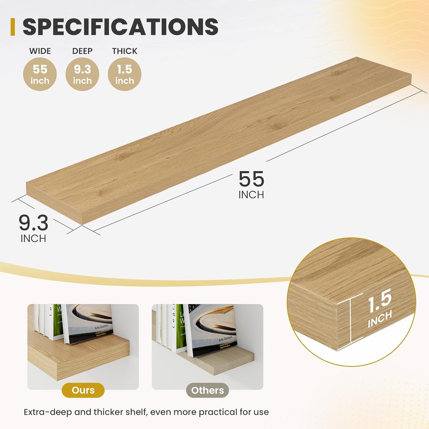 55 Inch Floating Shelves, 9.3" Deep Floating Shelf Wall Mounted, 56" Wall Shelves, Rustic Deep Bookshelf, Large Display Shelves & Storage Shelves for Bedroom, Living Room, Oak, Set of 1