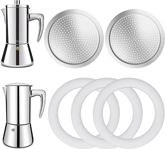 2 Pcs Filter with 3 Pcs Silicone Gasket Seals for 12 Cup Stovetop Espresso Coffee Maker Replacement Parts for 304 Stainless Steel Moka Pot