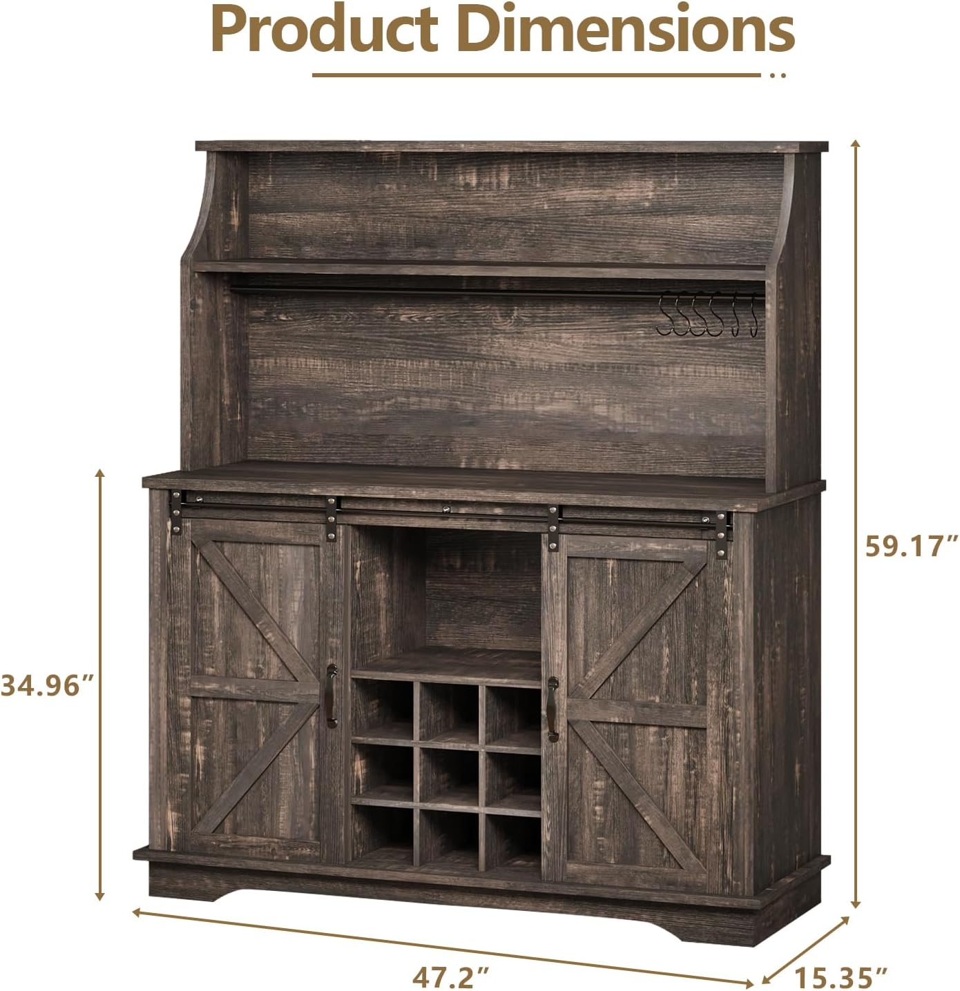 47 Inch Farmhouse Coffee Bar Cabinet with 3-Tier Storage, Kitchen Hutch with 9 Wine Racks & 3 Glass Holders, Coffee Bar with 6 Hooks, Wine Bar Cabinet for Dining Living Room, Rustic Oak