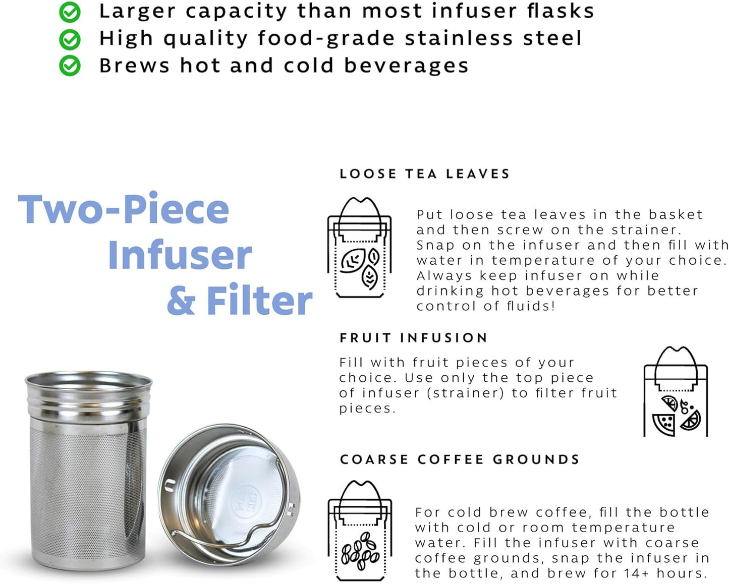 London Sip 25 oz Multi-Function Travel Mug and Tumbler Tea Infuser Water Bottle Fruit Infuser Flask Hot and Cold Double Wall Stainless Steel Coffee Thermos, Zen Black, Pack of 2