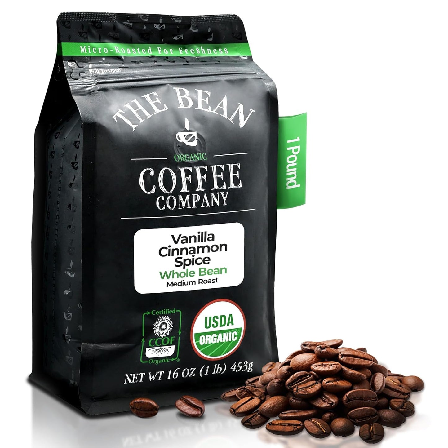 The Bean Organic Coffee Company Holiday Bean (Vanilla Cinnamon Spice), Medium Roast, Whole Bean Coffee, 16-Ounce Bag