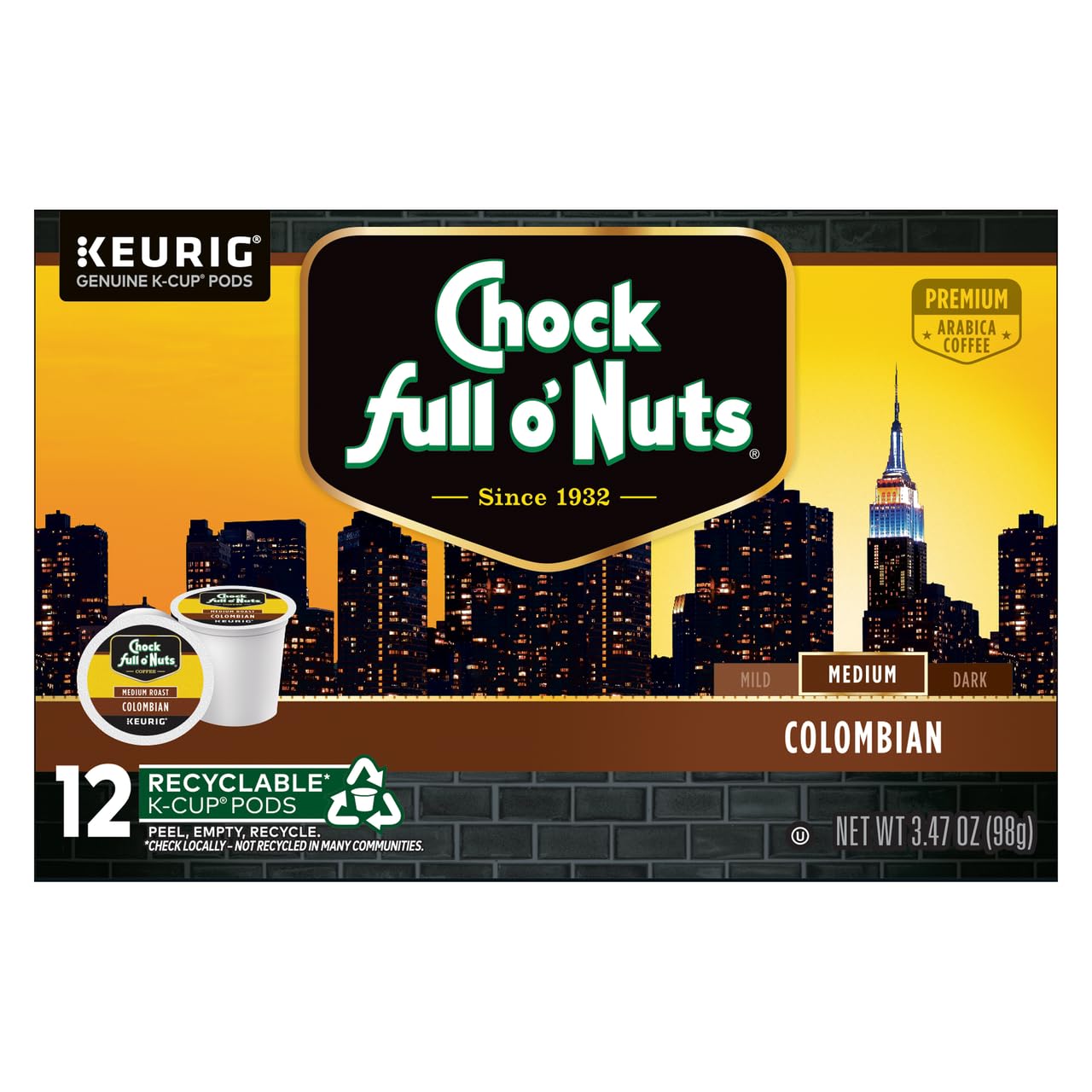Chock Full o'Nuts Colombian Coffee, Compatible with K-Cup Pods, 12 CT (Pack of 3)