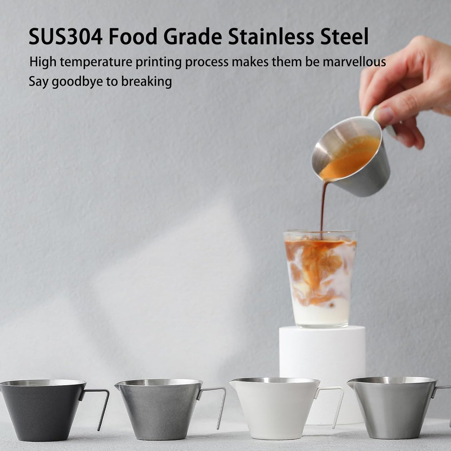 MHW-3BOMBER Espresso Shot Cups with Handle Espresso Measuring Cup Dishwasher Safe 4Pcs Stainless Steel Pouring Cup for Tomato Sauce|Steak Sauce|Dessert|Beverage (Matte Glossy) G7000-OS