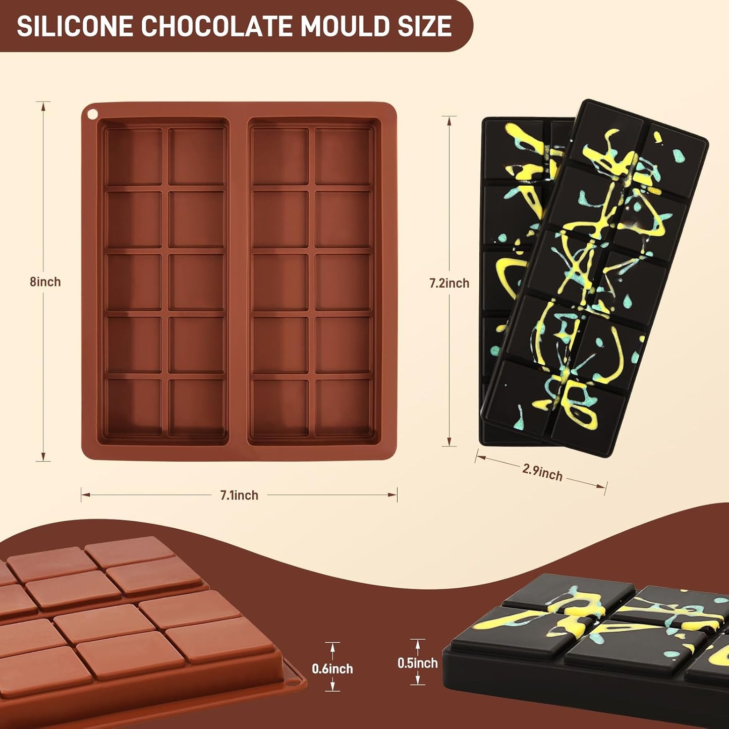 2 Pcs Chocolate Molds Silicone, Deep Chocolate Bar Mold, Non-Stick Food Grade Chocolate Mold for Dubai Chocolate Bar Pistachio, Candy and Chocolate Making - 20 Square Shape