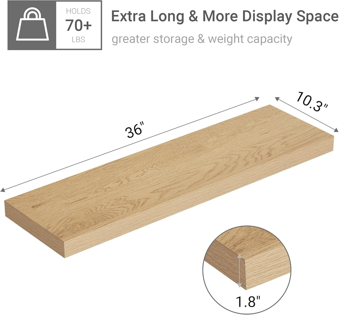 Vivelove 10 inches Deep Floating Shelves 36 inch Long, Large Oak Wall Shelves Heavy Duty 70 lbs for Bedroom, Bathroom, Living Room, Kitchen, Office, Modern Shelf Home Decor with Invisible Bracket