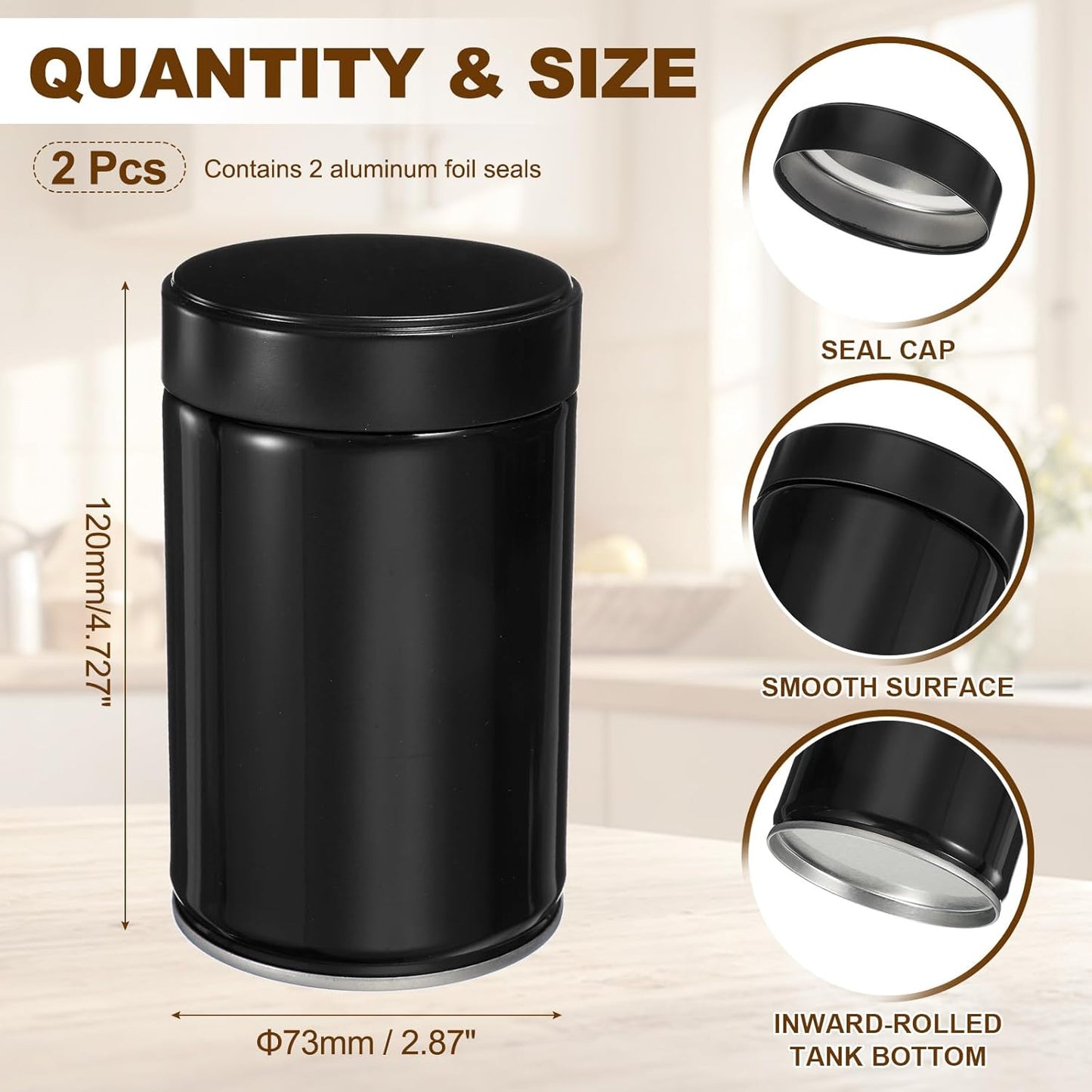 uxcell 2Pcs Round Tea Canisters, 5" x 3" Airtight Metal Tea Containers for Loose Tea, Coffee Beans, Spices - Durable, Compact, and Stylish Storage Tea Tin (Black)
