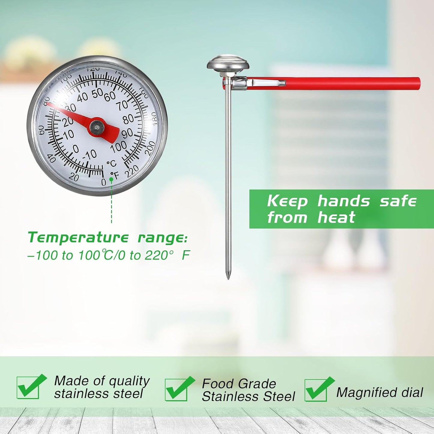 Xuhal 1 Pcs Stainless Steel Kitchen Thermometer with 5 Inch Long Stem 1 Inch Dial Thermometer Milk Frothing Food for Oven Probe Meat Grill BBQ Cooking Chocolate Water (Red)