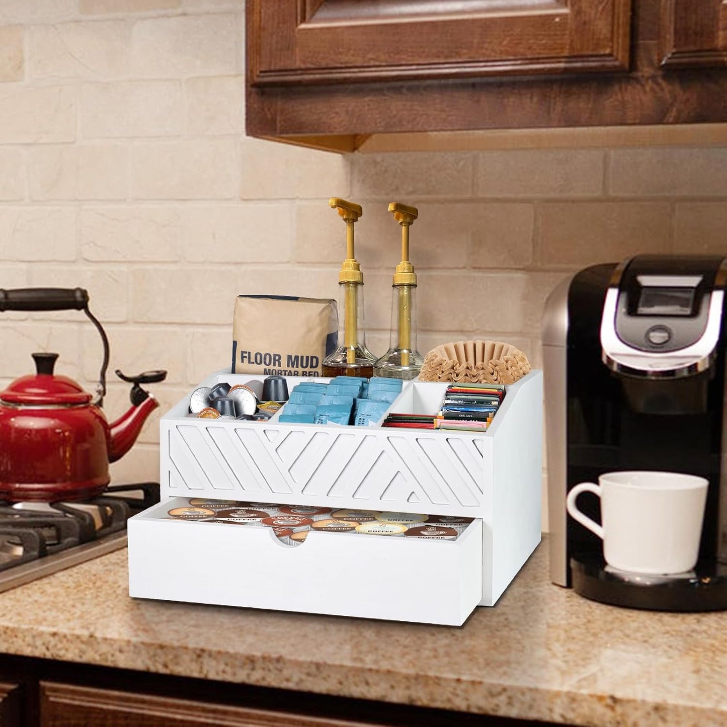 Farmhouse Wooden Coffee Bar Organizer - Countertop Station With Drawer, Pods Holder & Storage Basket