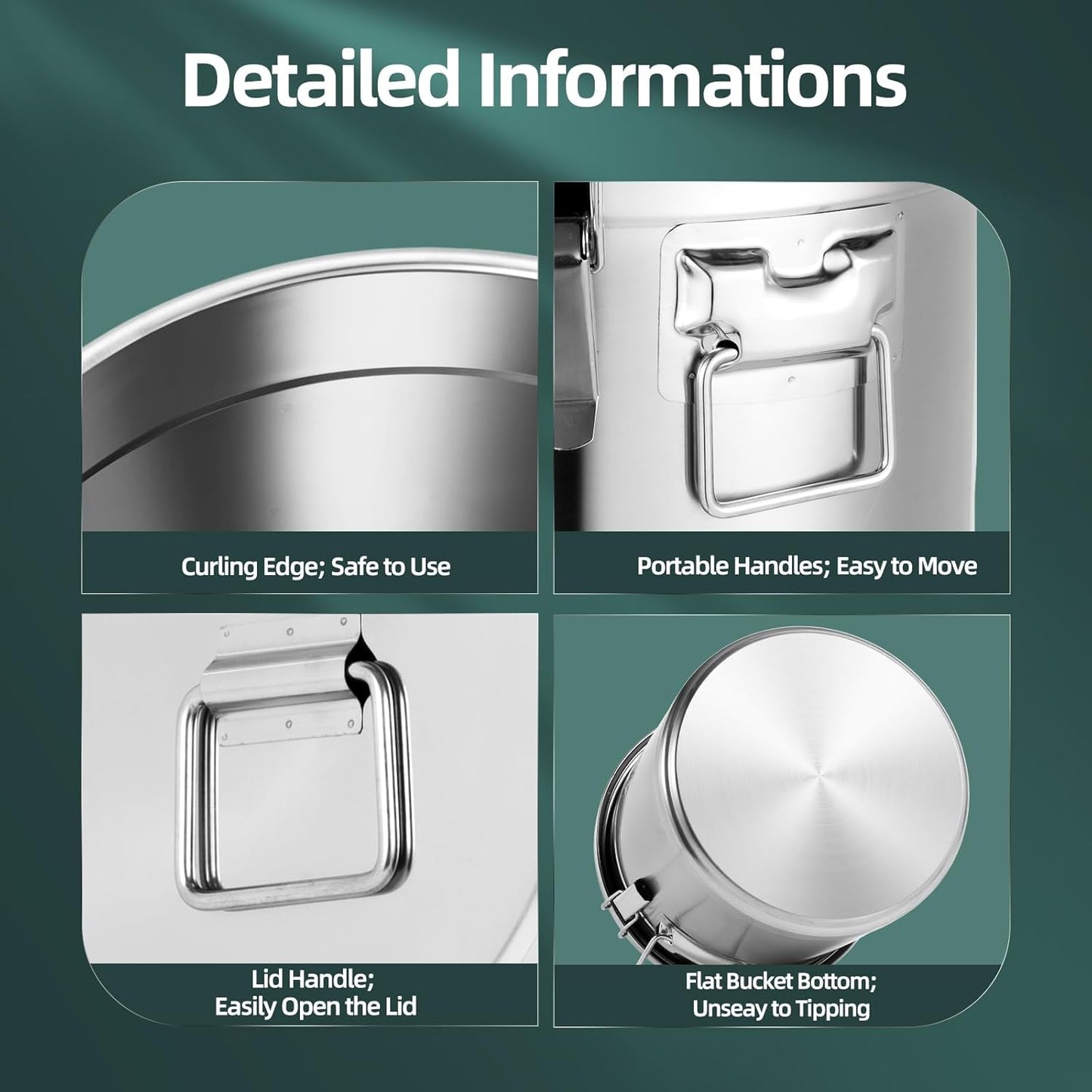 PERFERATE 304 Stainless Steel Airtight Canister 6L/12L Food Storage Bucket with Lids and Sturdy Locking Clamp Metal Cereal Rice Storage Container for Flour, Coffee Bean, Sugar, Cookie (21L)