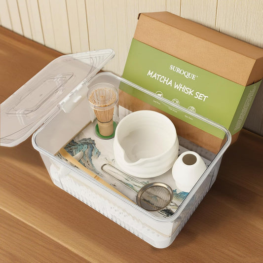 Matcha Whisk Set with Storage Box – 8 Pcs Matcha Tea Set Includes White Matcha Bowl, Whisk & Holder, Scoop & Rest, Sifter, Tea Cloth – Complete Japanese Matcha Set for Tea Lovers & Gift Giving