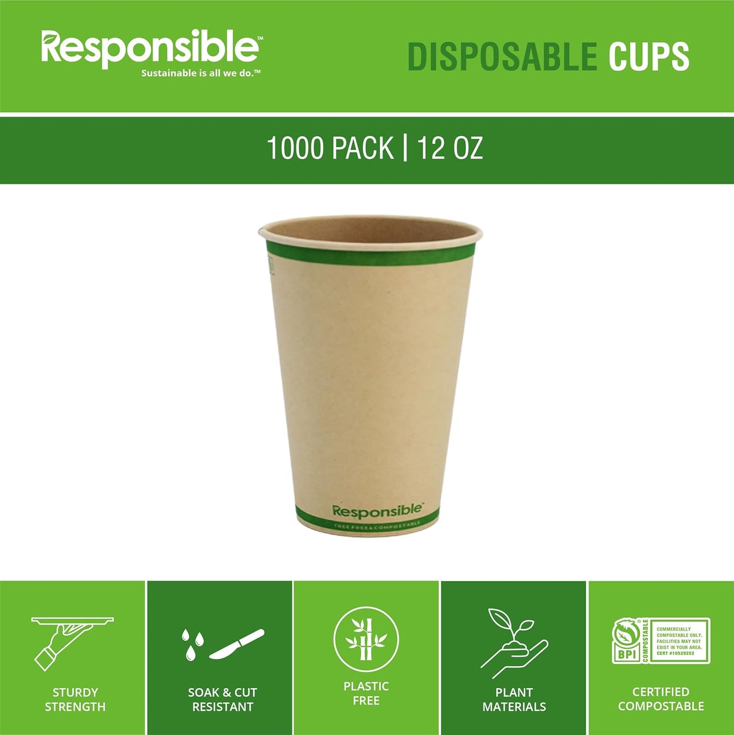 12 oz Paper Hot Cups, Tree-Less™ Compostable Paper Coffee Cups, Extra Strength, Tree-Free and Made Without PFAS, Natural Brown (1000 Count)