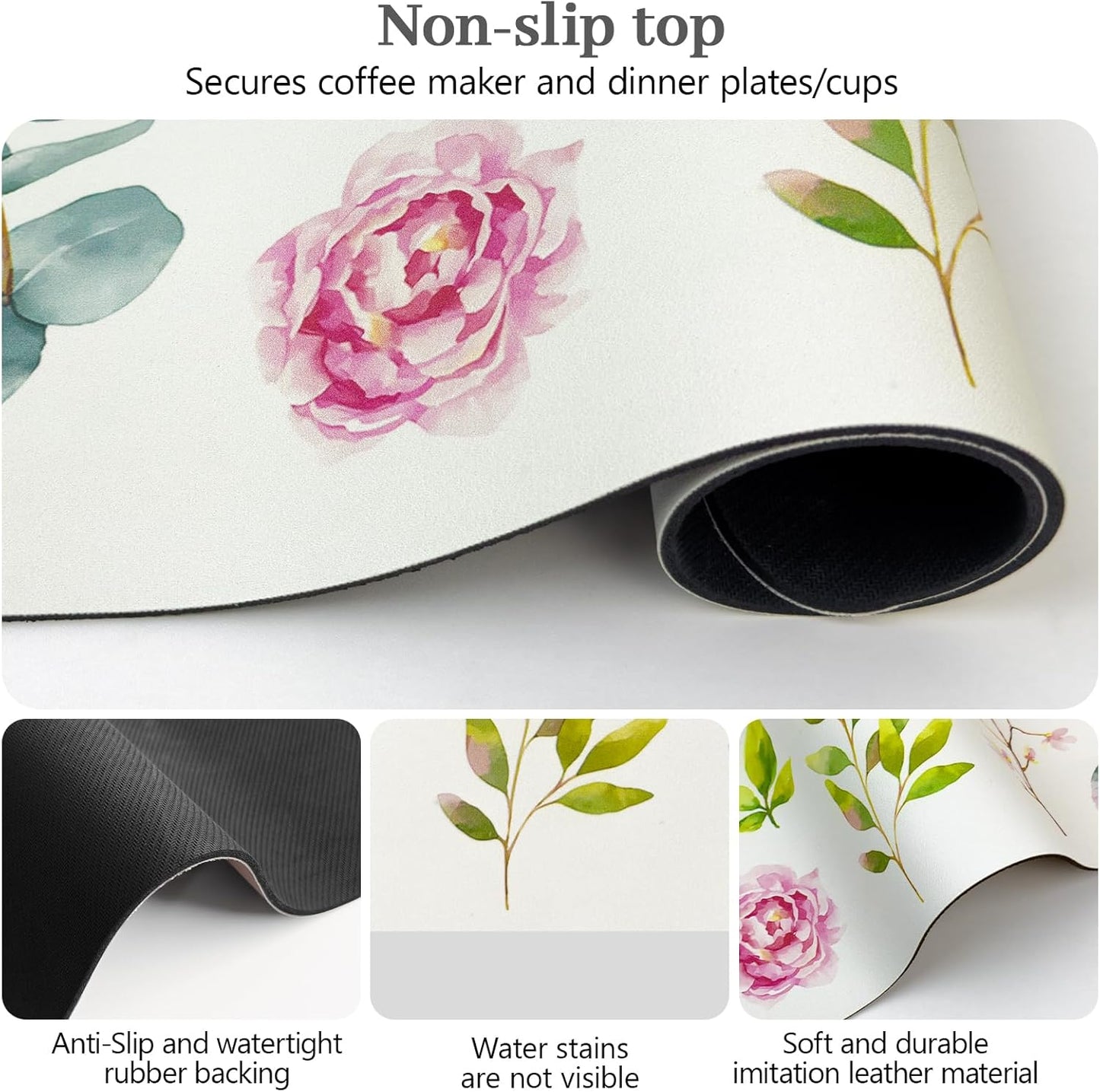 Bloss Mat for Coffee Station, Dish Drying Mat, Kitchen Counter Mat, Absorbent Water Hide Stain Rubber Backed Dish Drying Pad(24"x16", Rose)