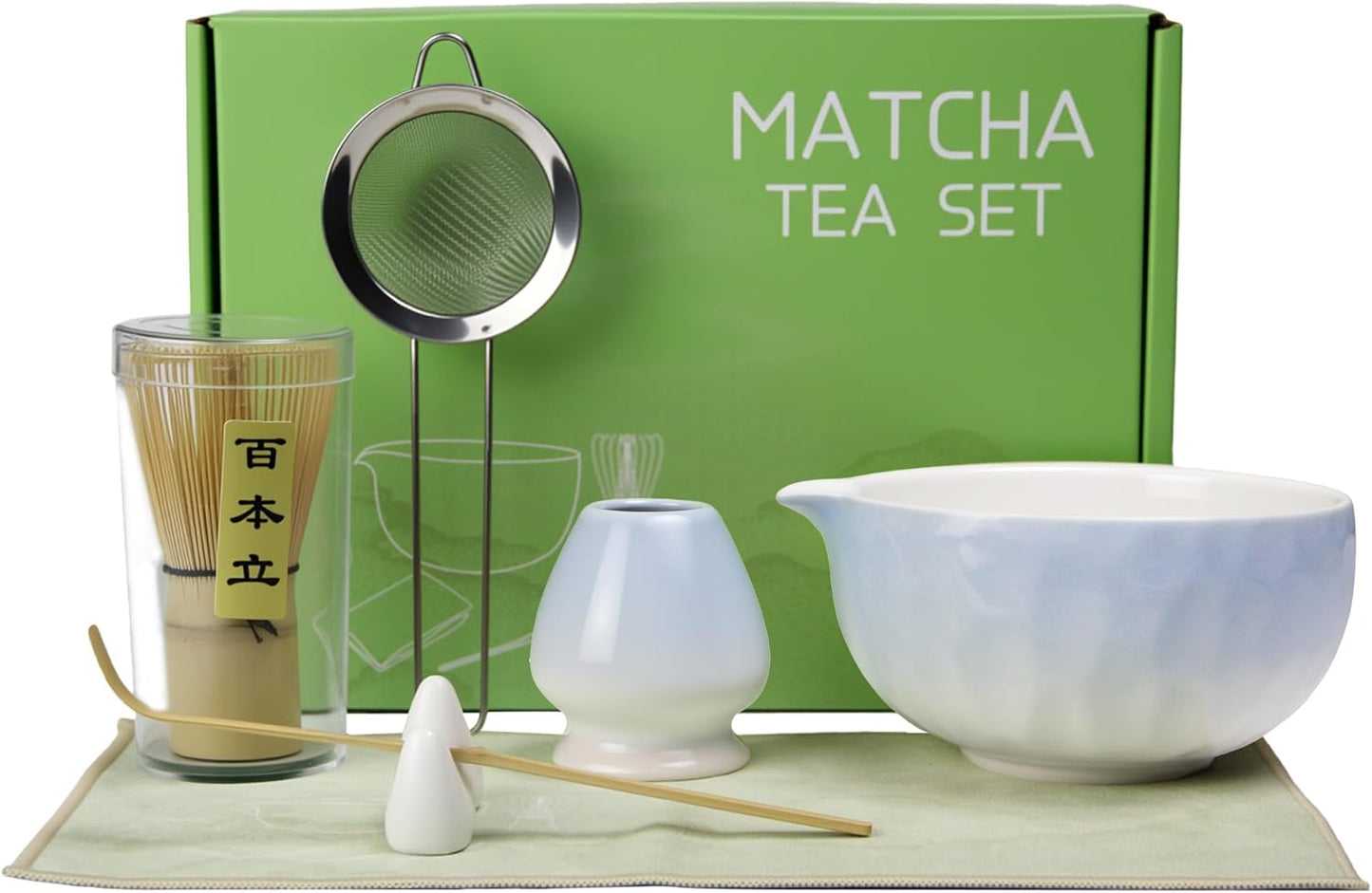 7-Pcs Matcha Whisk Set - Ceramic Matcha Set Includes Bowl,Whisk,Holder,Bamboo Scoop,Scoop Rest,Sifter & Tea Towel – Japanese Traditional Tea Kit for Beginners & Tea Lovers (Gradient Blue)